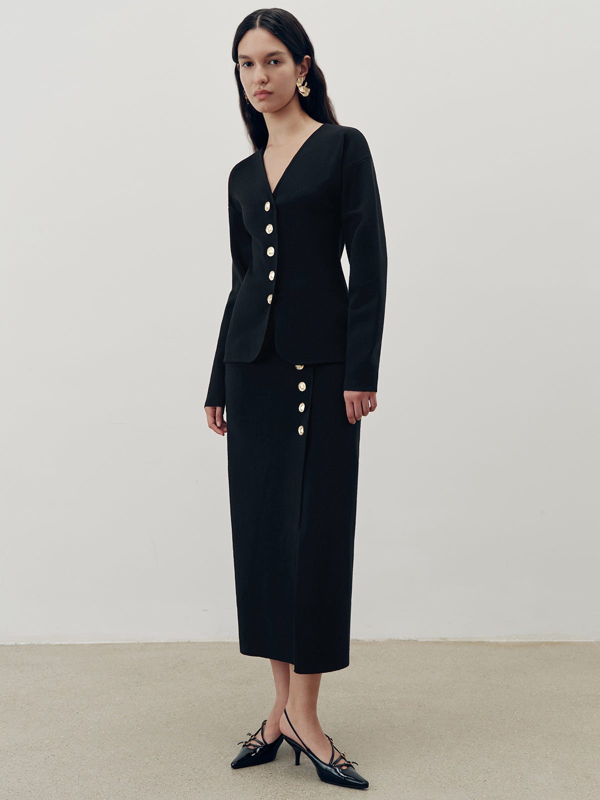 Metal Button V-Neck Cardigan-Chicvia