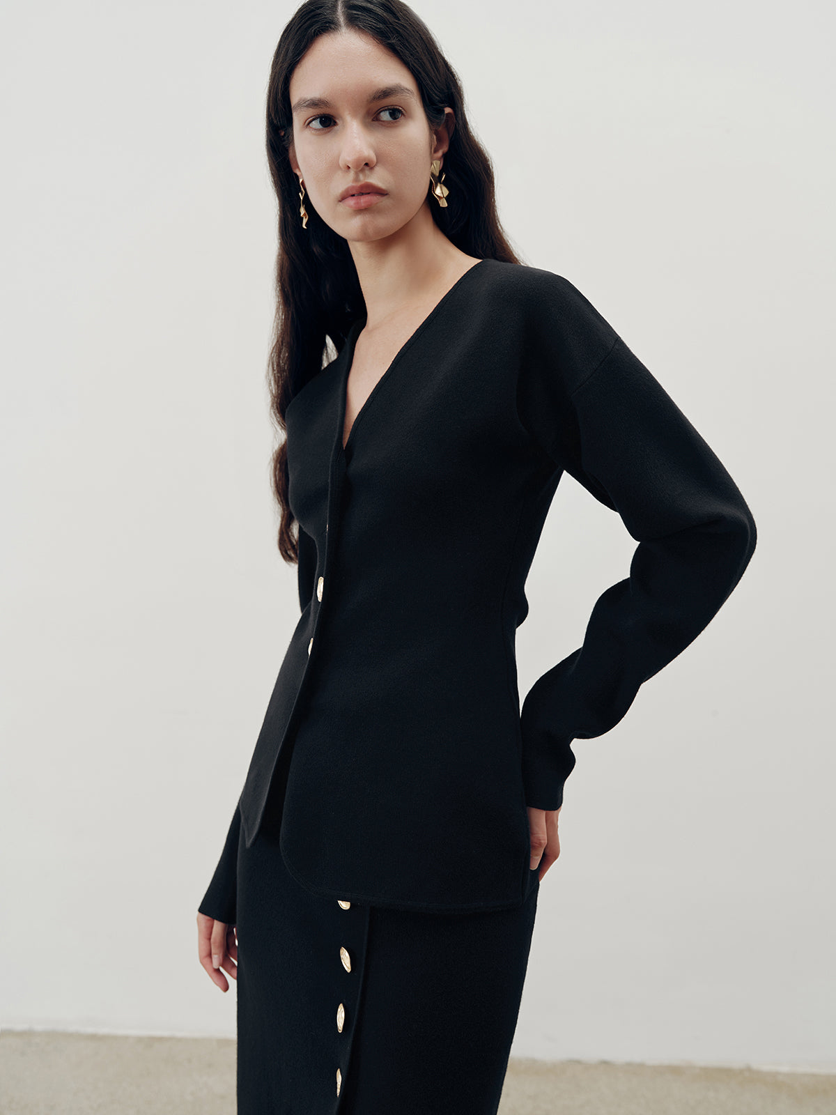 Metal Button V-Neck Cardigan-Chicvia