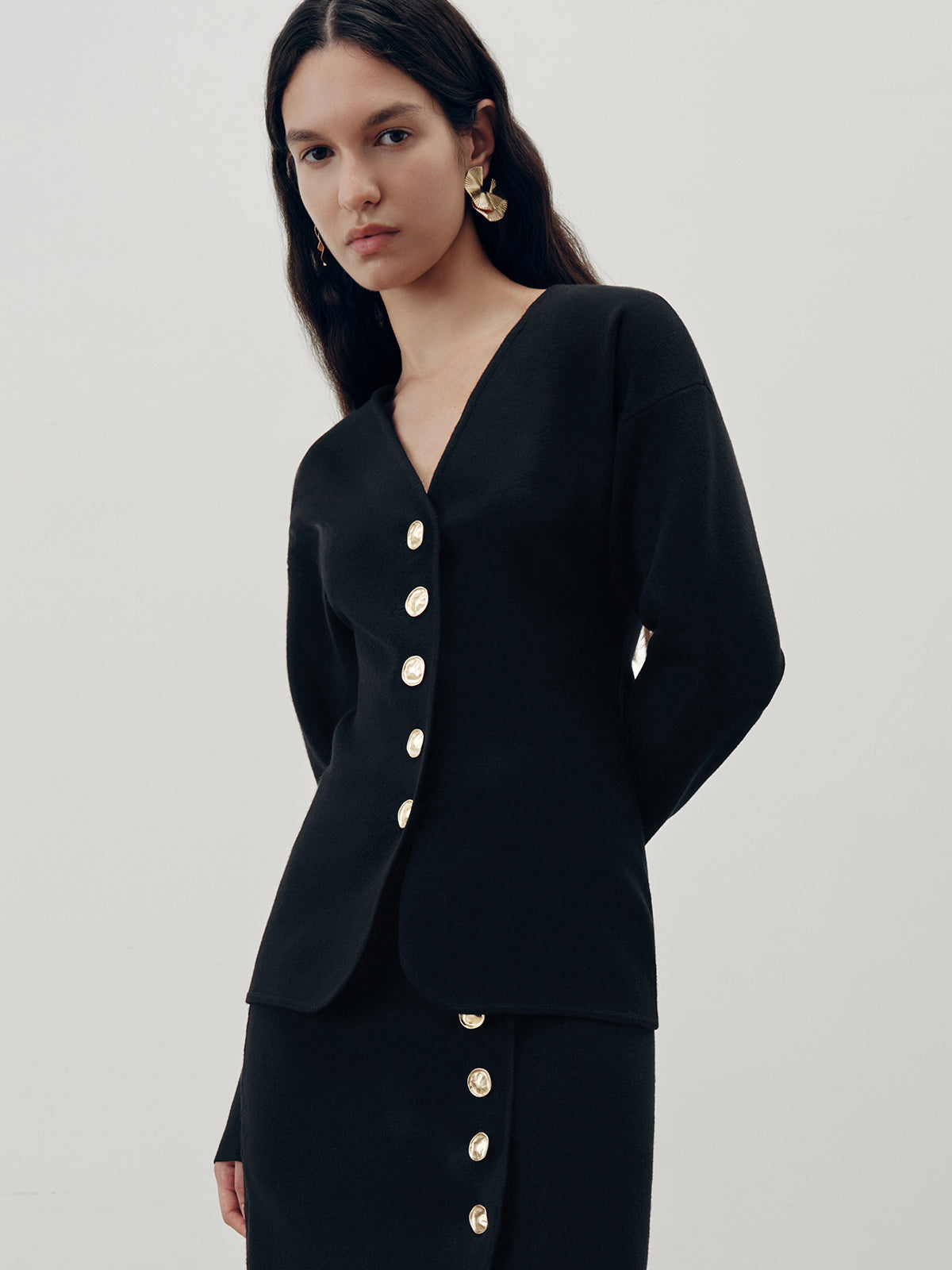 Metal Button V-Neck Cardigan-Chicvia