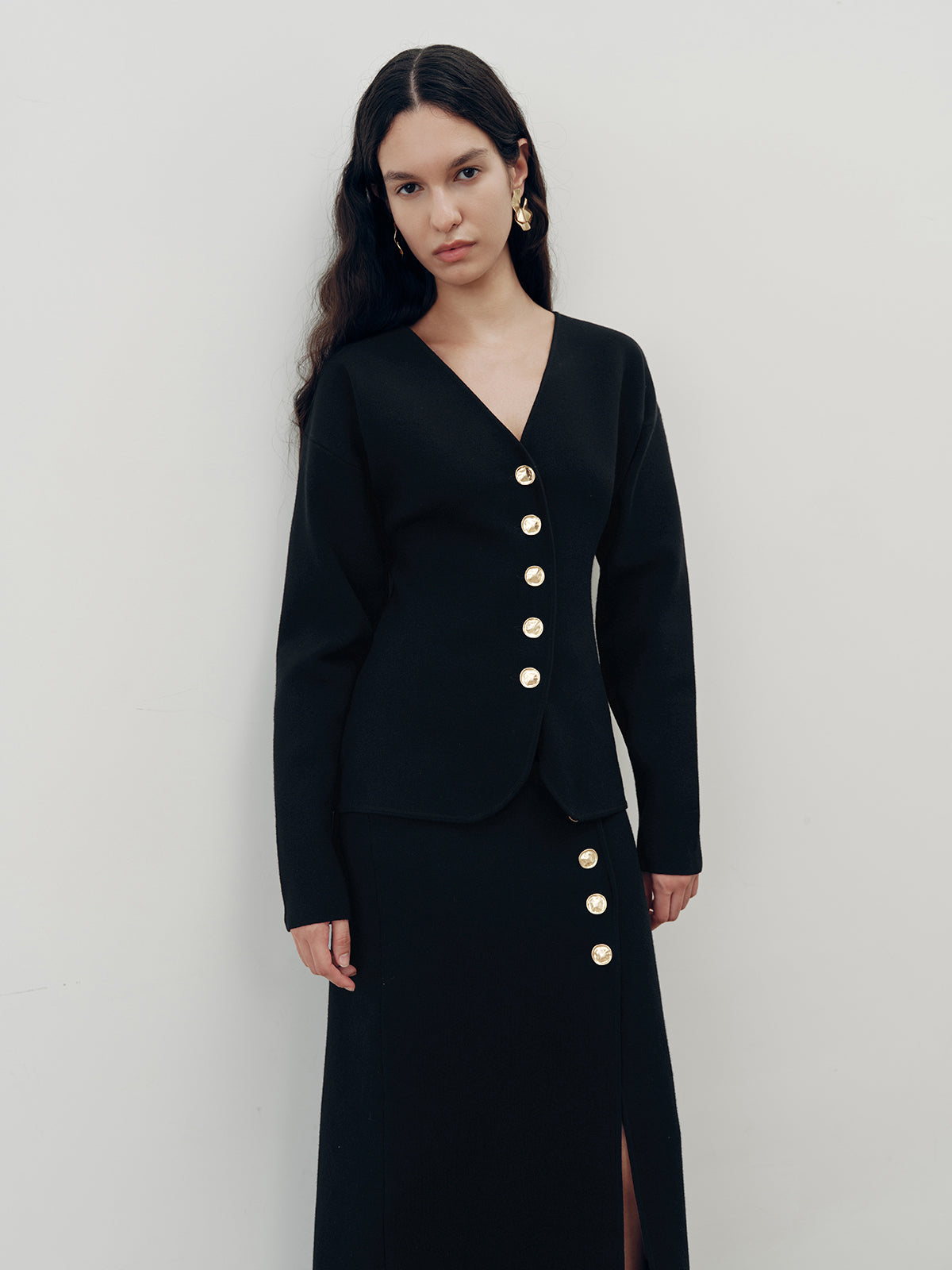 Metal Button V-Neck Cardigan-Chicvia