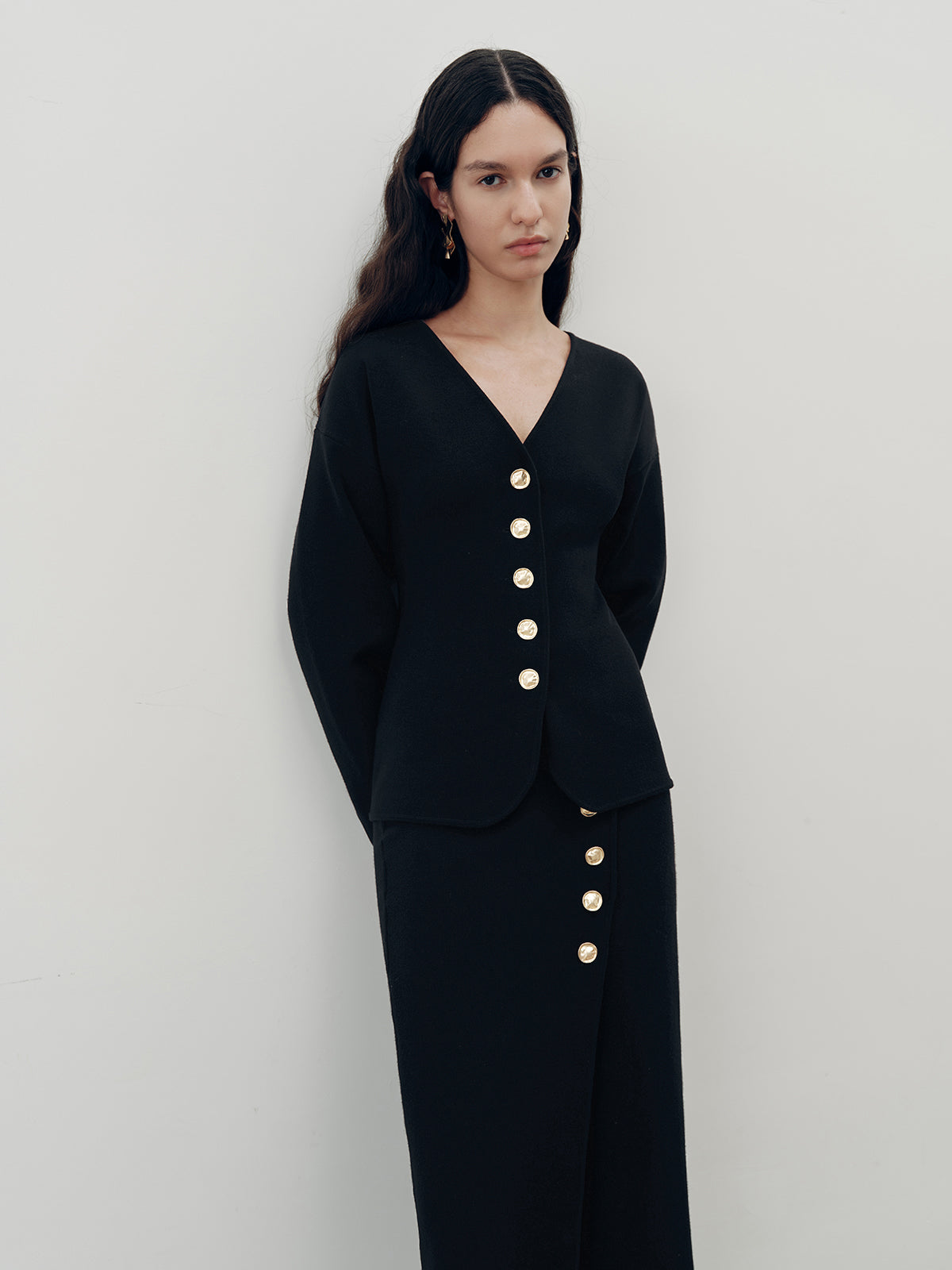 Metal Button V-Neck Cardigan-Chicvia