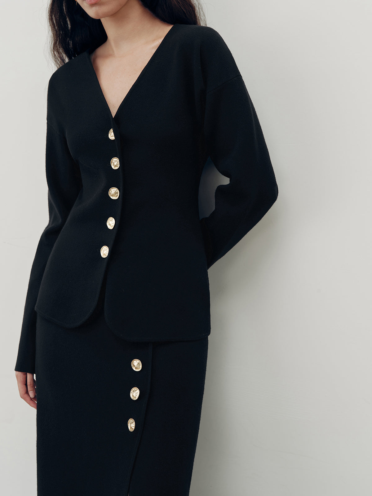 Metal Button V-Neck Cardigan-Chicvia