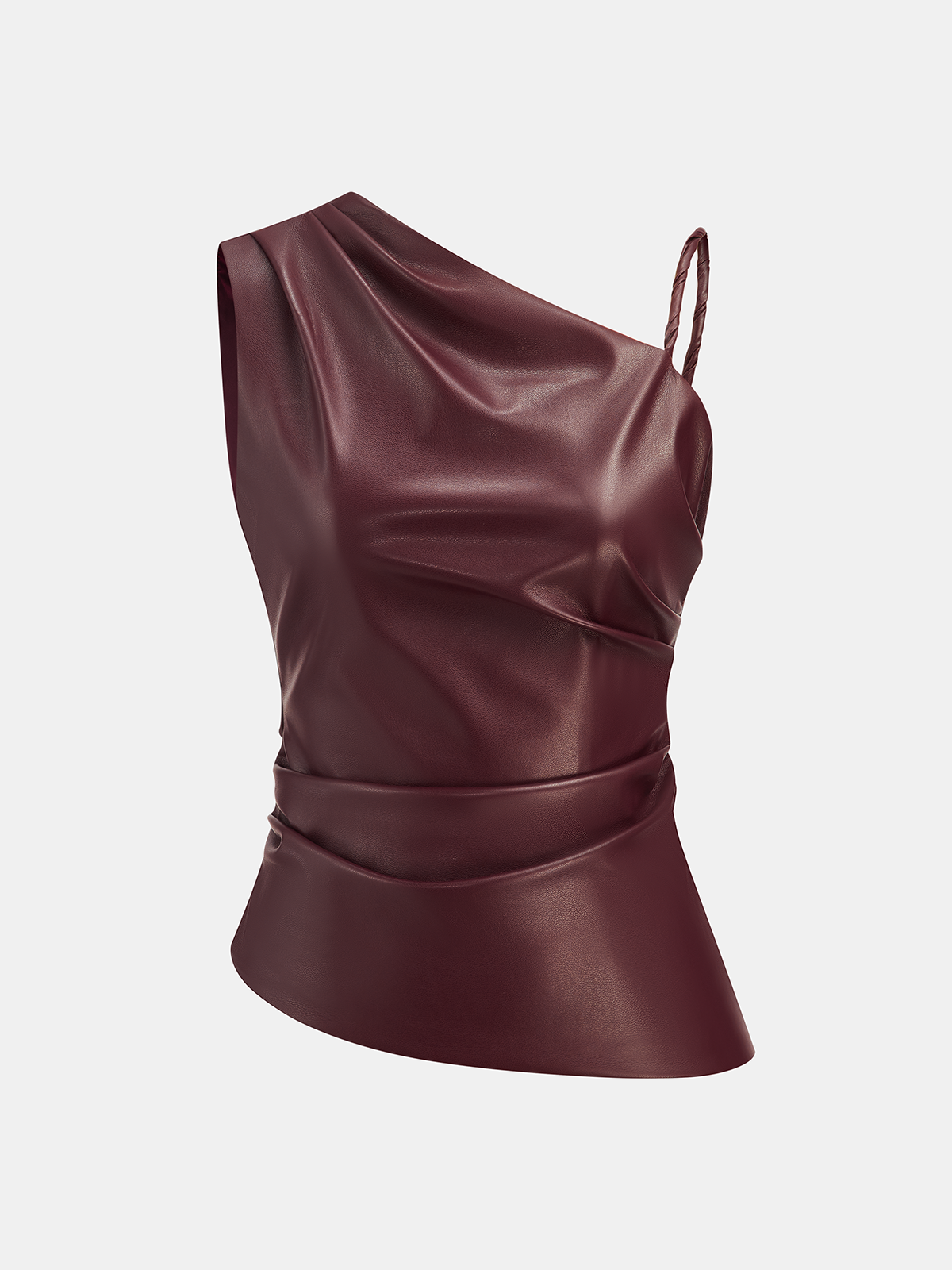 Faux Leather Asymmetric Ruched Top-Chicvia
