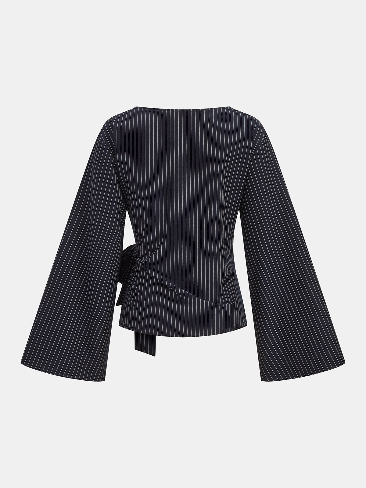 Flared Sleeve Pinstripe Wrap Blouse-Chicvia
