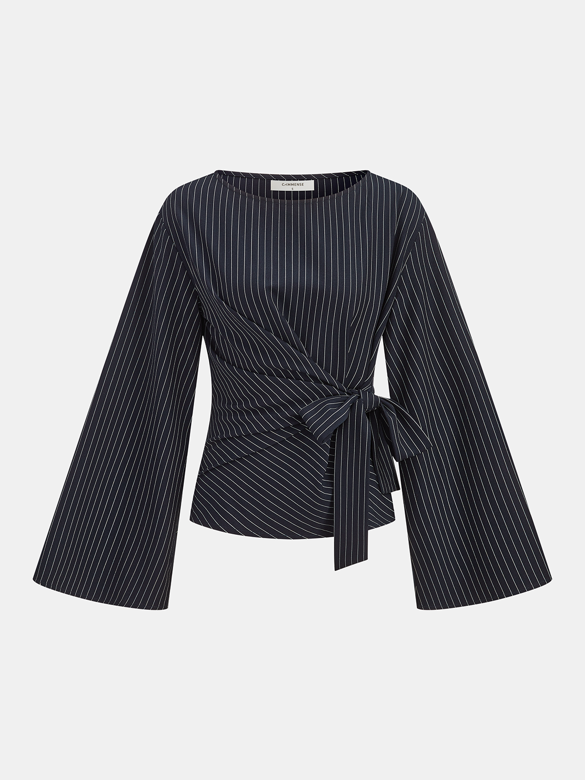 Flared Sleeve Pinstripe Wrap Blouse-Chicvia