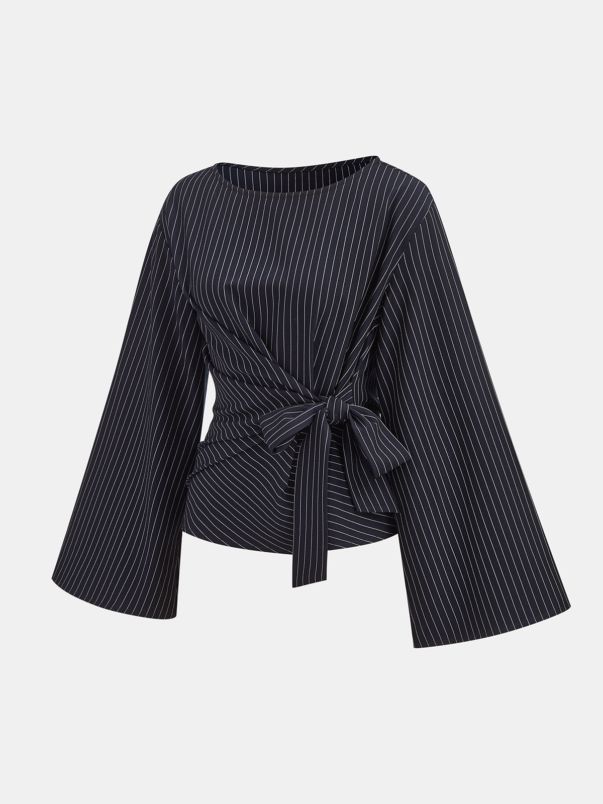 Flared Sleeve Pinstripe Wrap Blouse-Chicvia