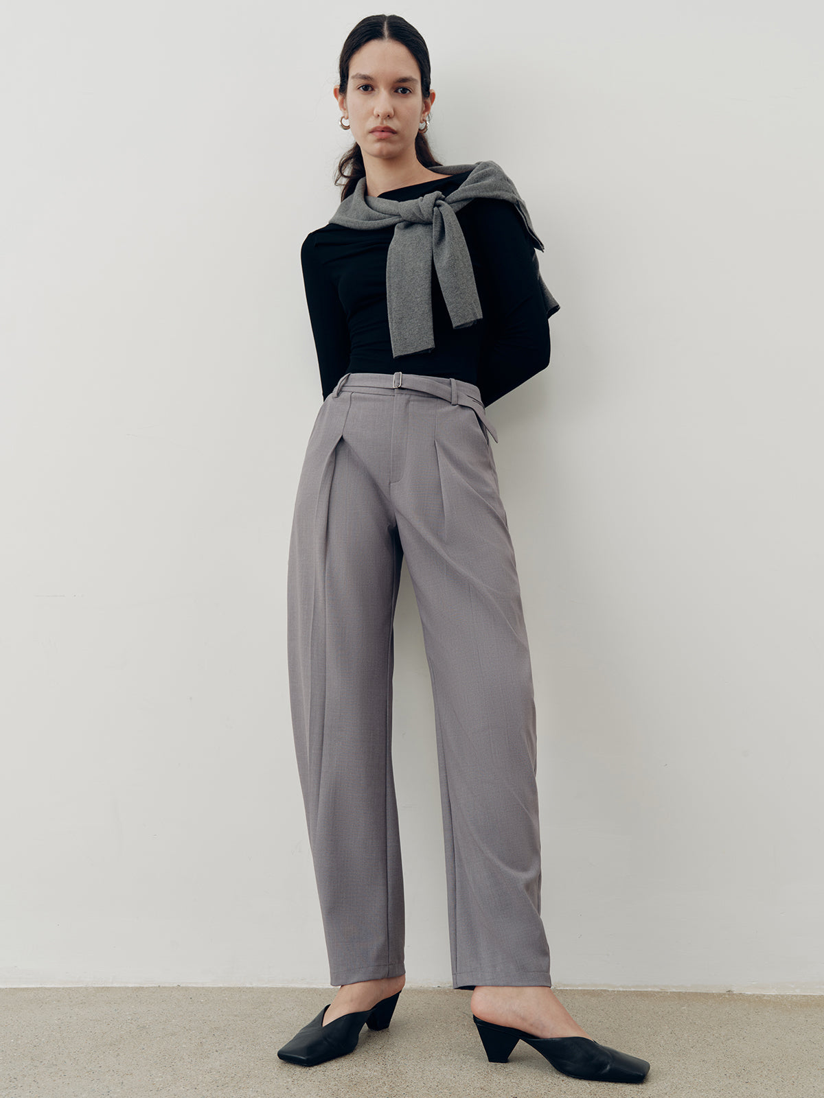 Mid-Waist Belted Pleated Pants-Chicvia
