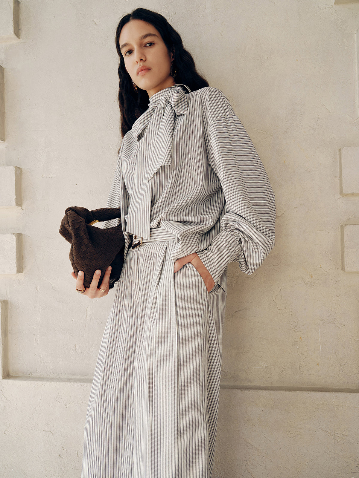 Large Bow Neck Striped Blouse-Chicvia