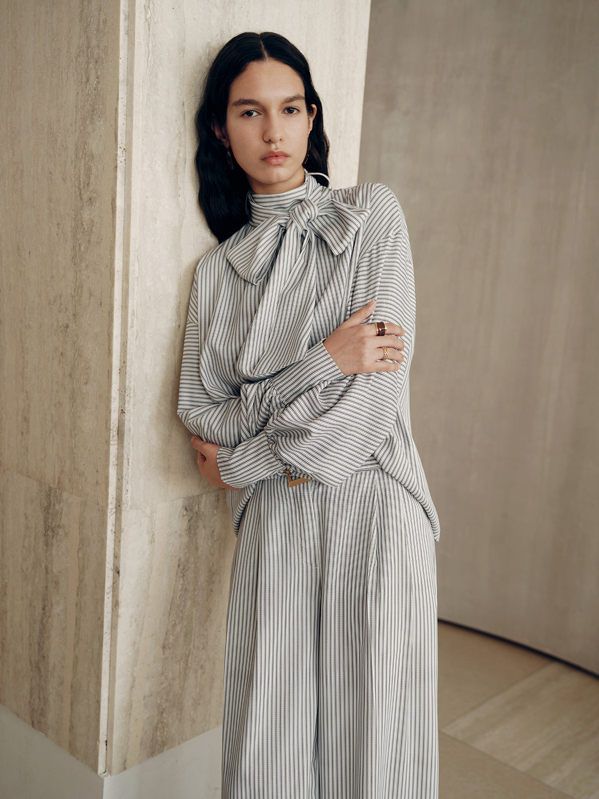 Large Bow Neck Striped Blouse-Chicvia