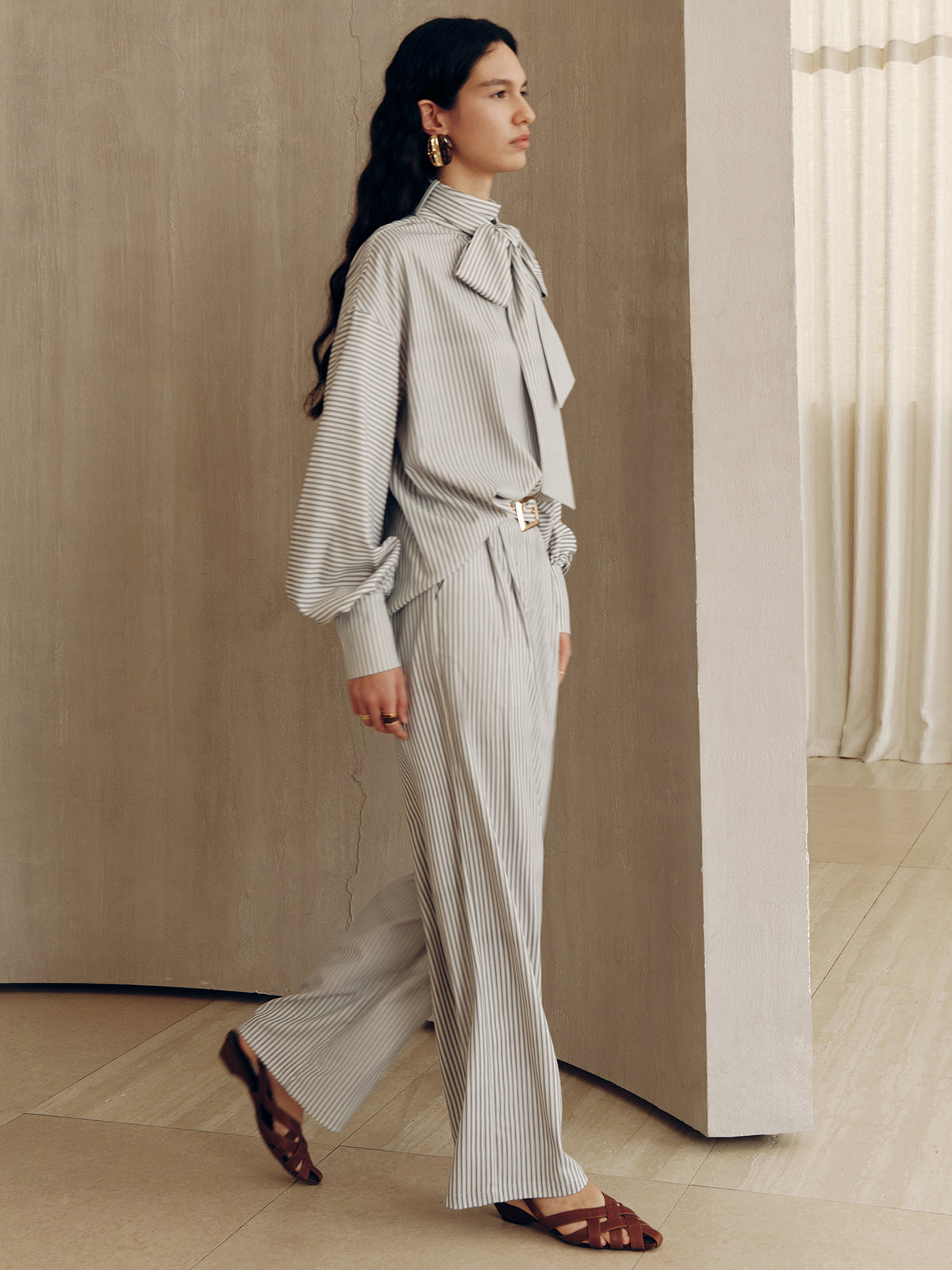 Large Bow Neck Striped Blouse-Chicvia