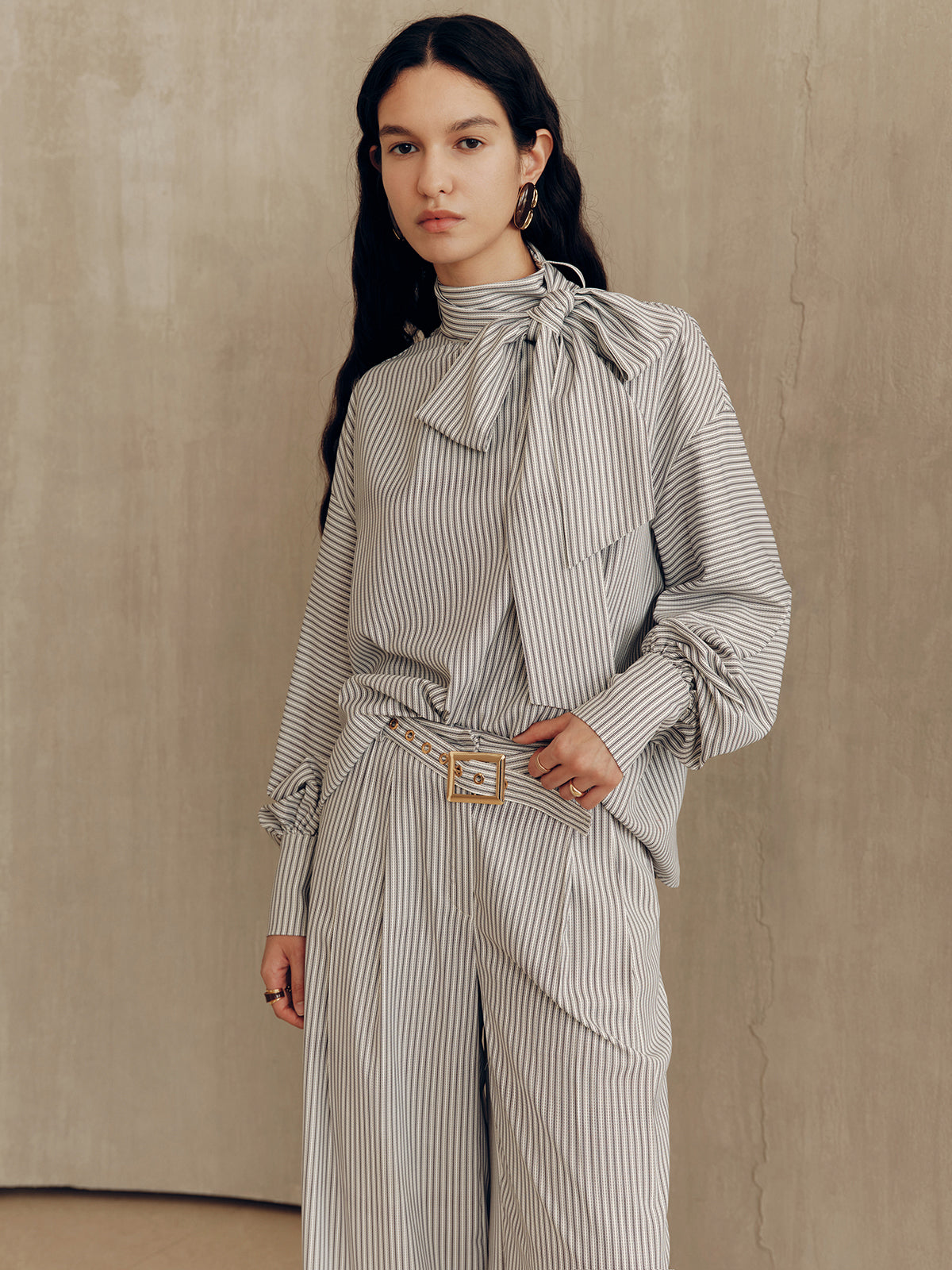 Large Bow Neck Striped Blouse-Chicvia