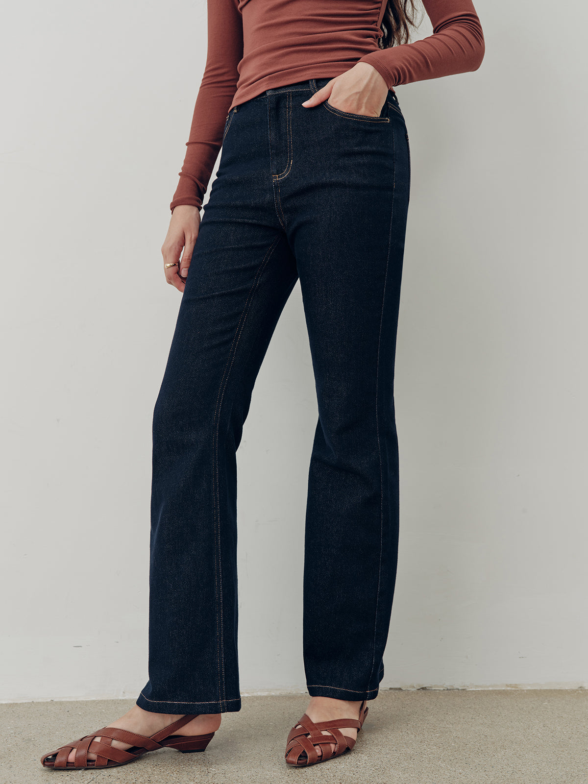 Denim Mid-Waist Flared Jeans-Chicvia