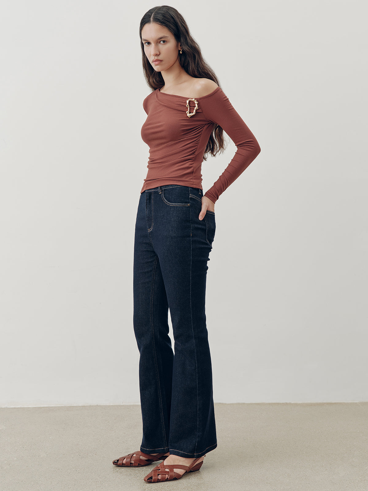 Denim Mid-Waist Flared Jeans-Chicvia