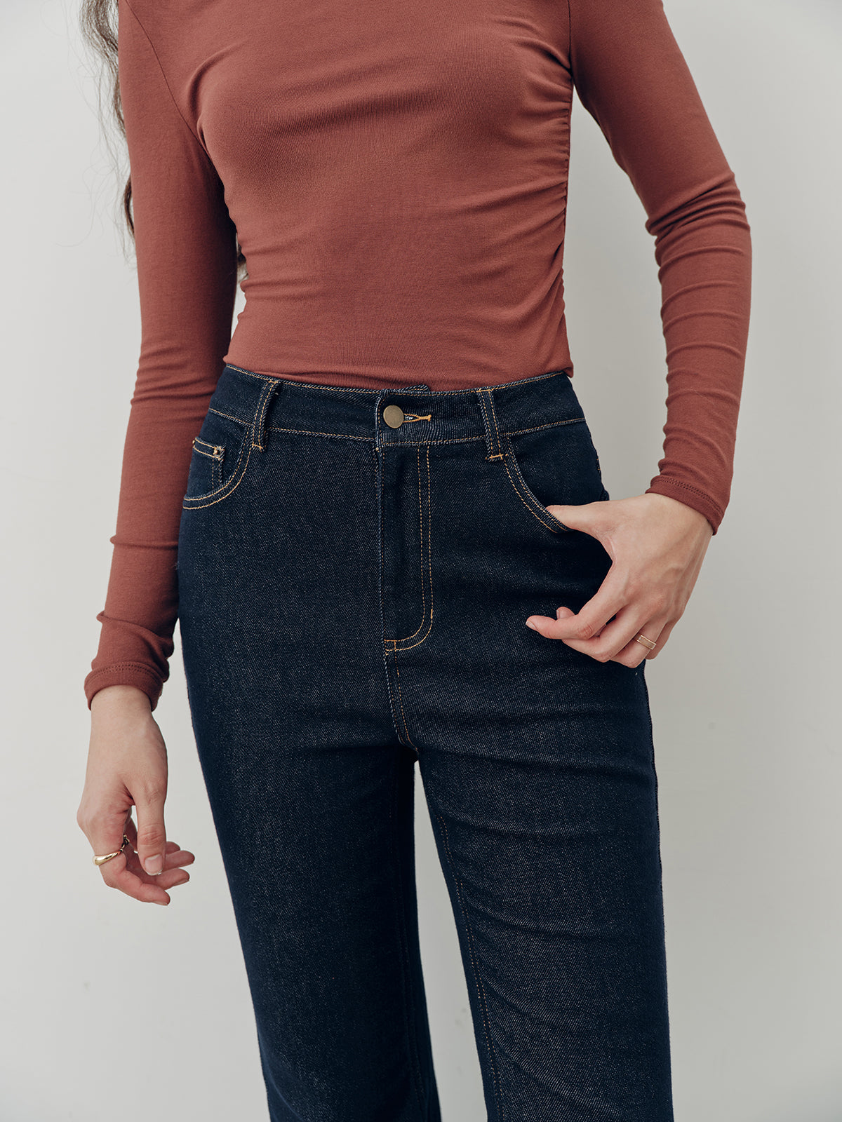 Denim Mid-Waist Flared Jeans-Chicvia