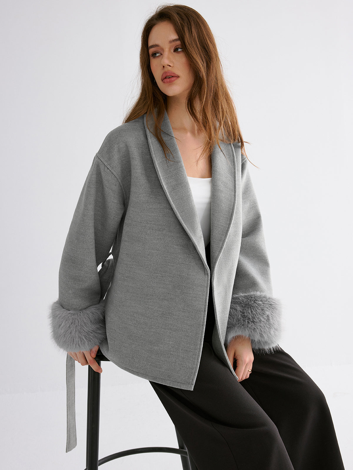 Faux Fur Cuff Belted Coat-Chicvia