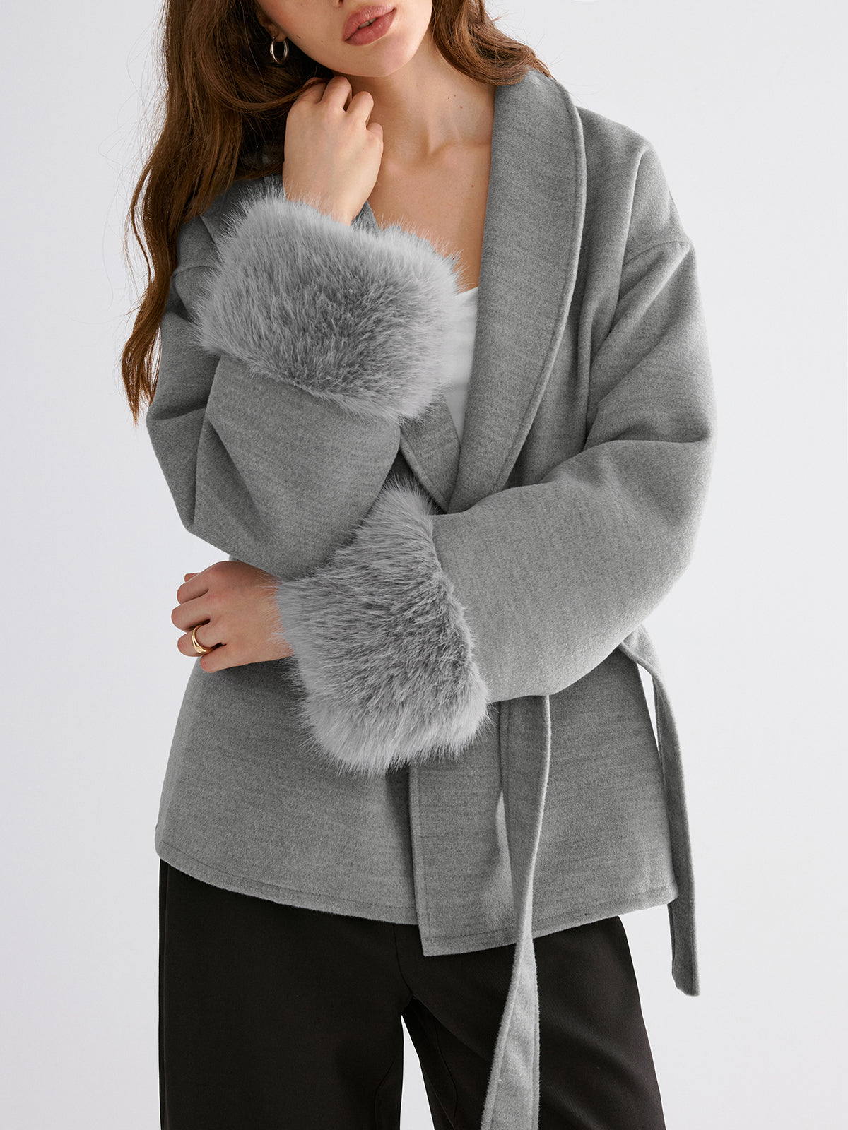 Faux Fur Cuff Belted Coat-Chicvia
