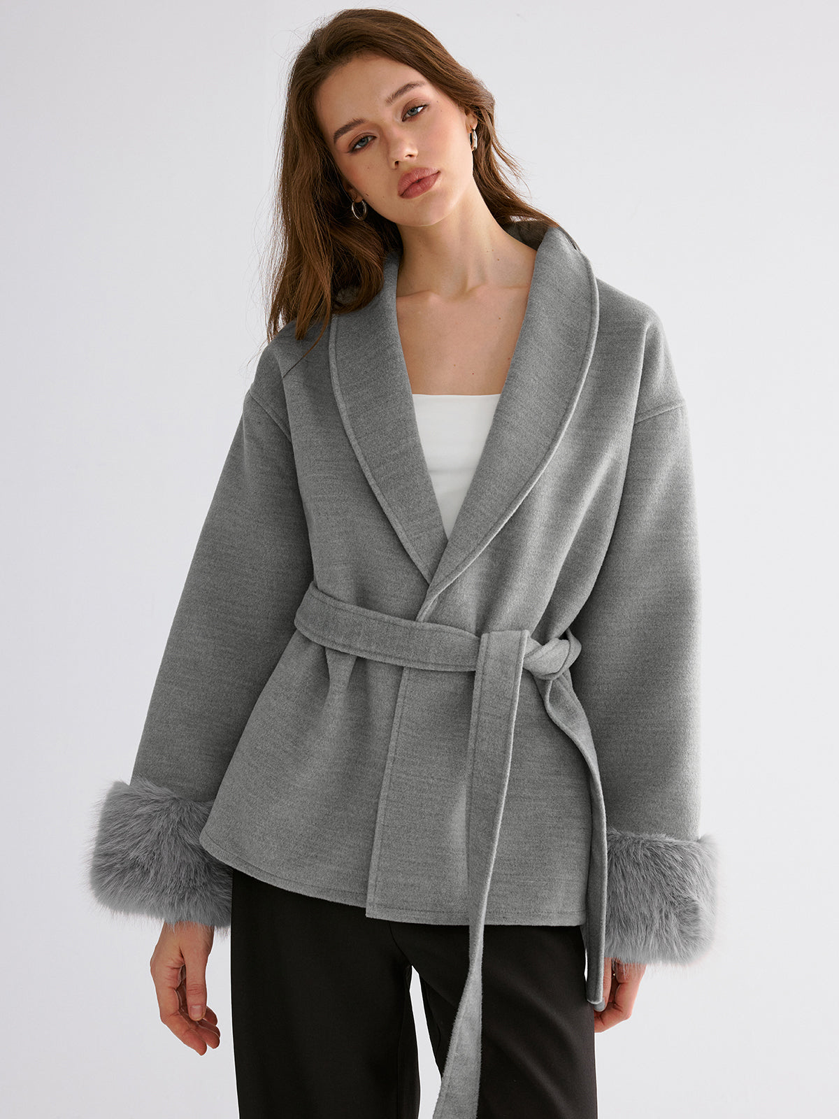 Faux Fur Cuff Belted Coat-Chicvia