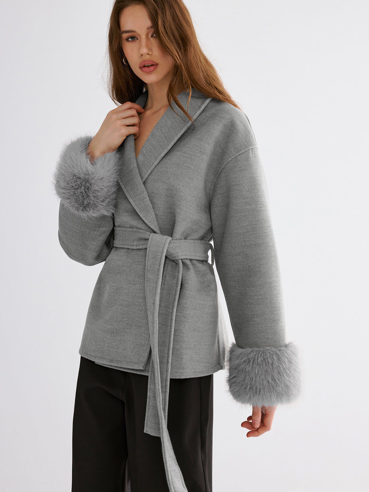 Faux Fur Cuff Belted Coat-Chicvia