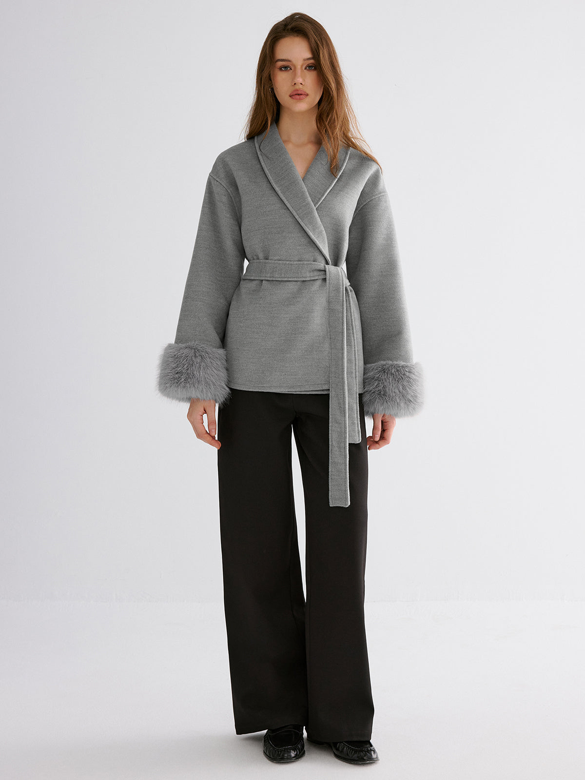 Faux Fur Cuff Belted Coat-Chicvia