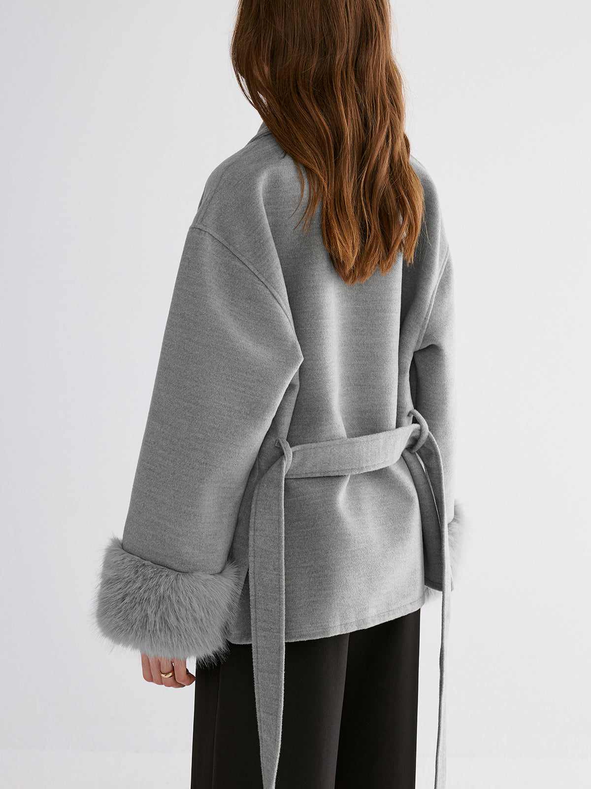 Faux Fur Cuff Belted Coat-Chicvia