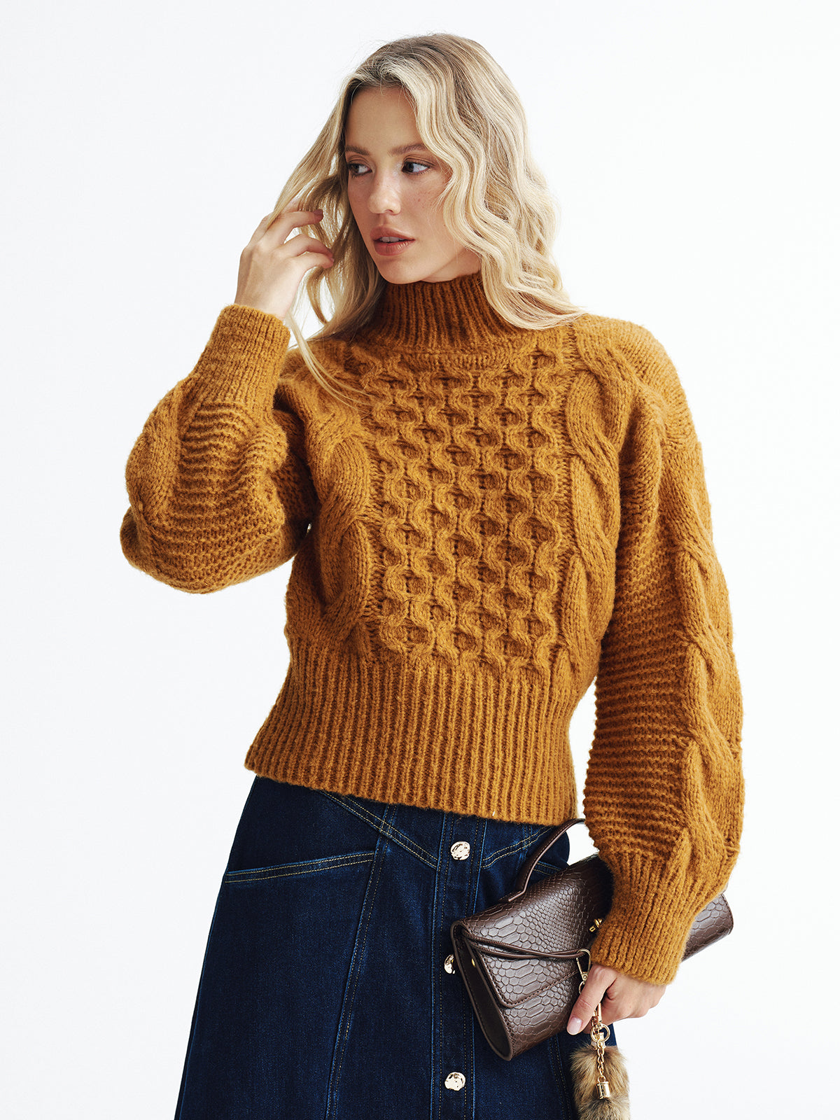 Cable-Knit Turtleneck Sweater-Chicvia