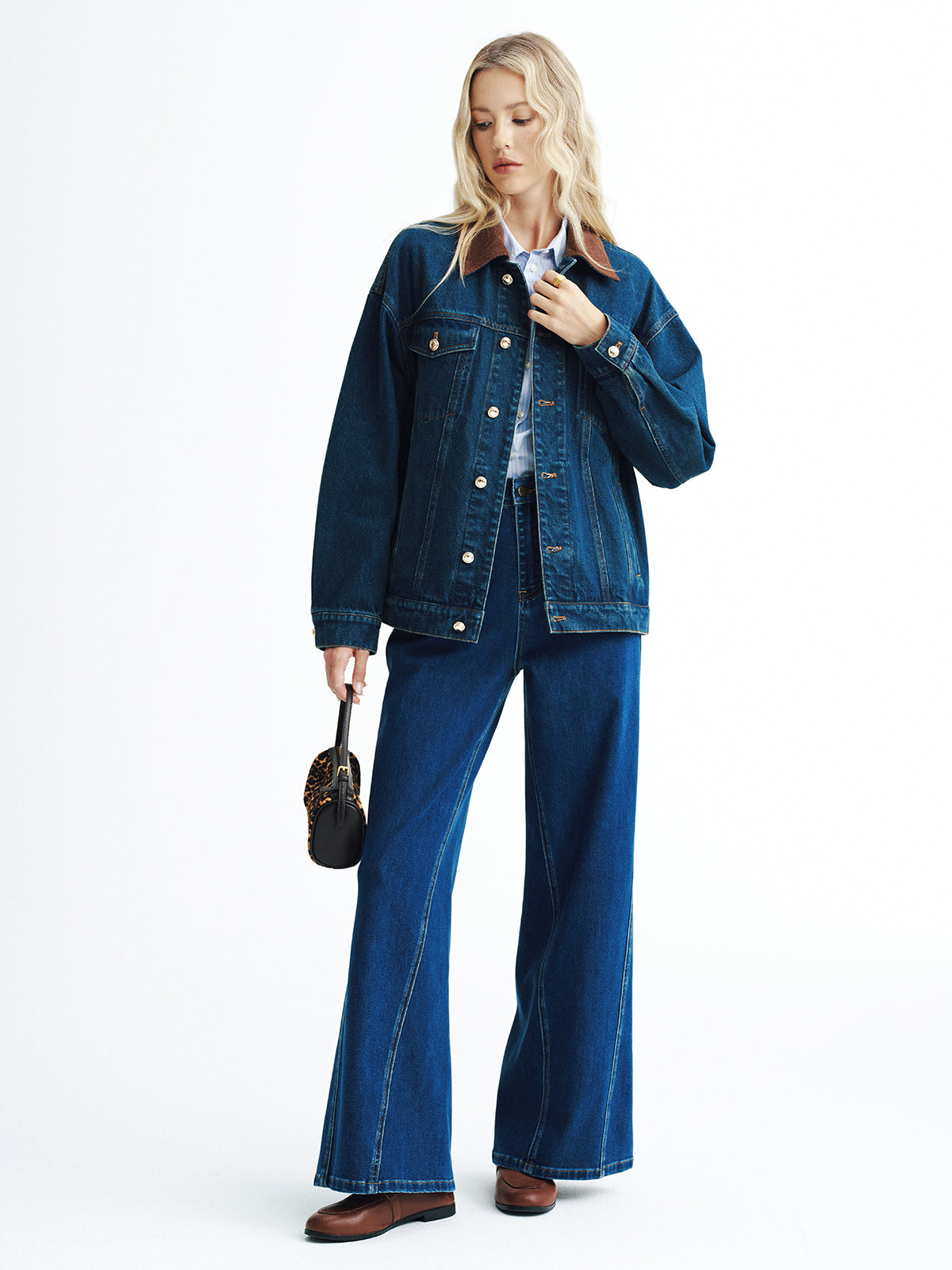 Corduroy Collar Denim Jacket-Chicvia