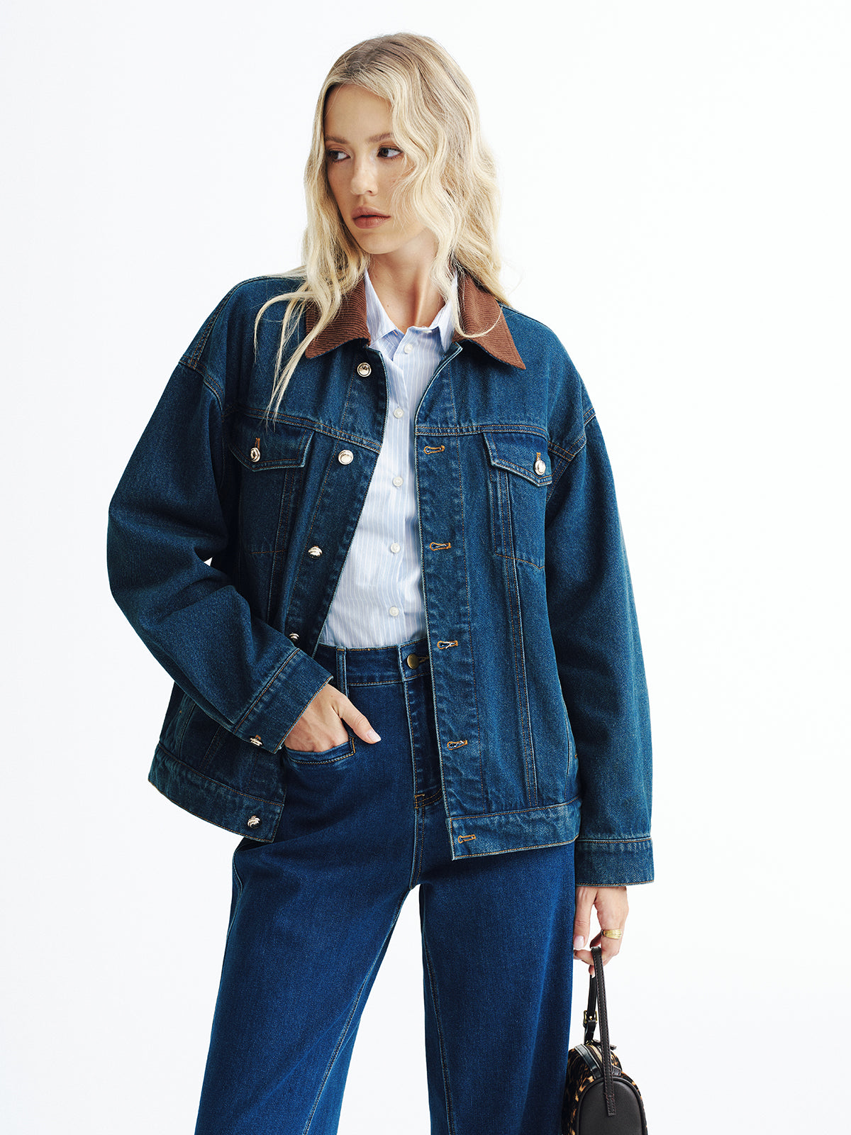 Corduroy Collar Denim Jacket-Chicvia