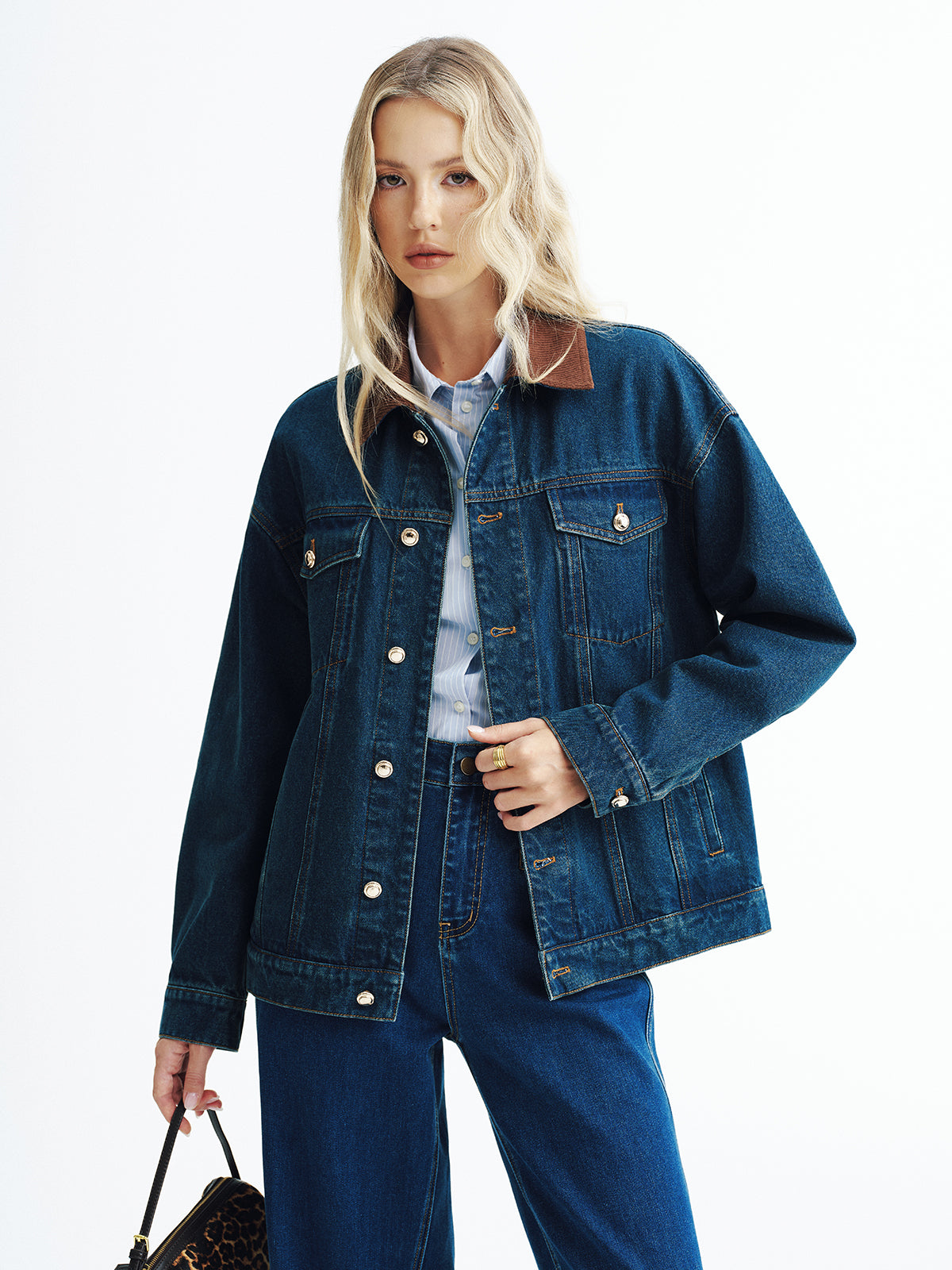 Corduroy Collar Denim Jacket-Chicvia