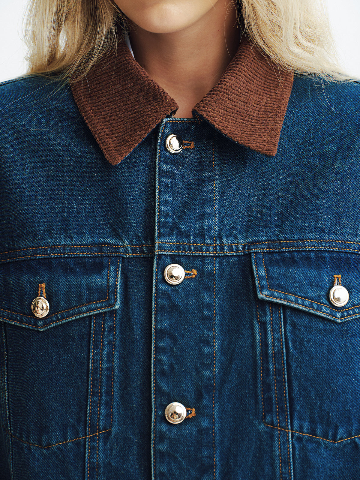 Corduroy Collar Denim Jacket-Chicvia