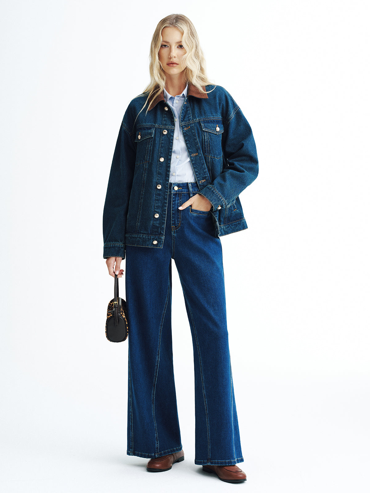 High-Waisted Denim Wide-Leg Jeans-Chicvia