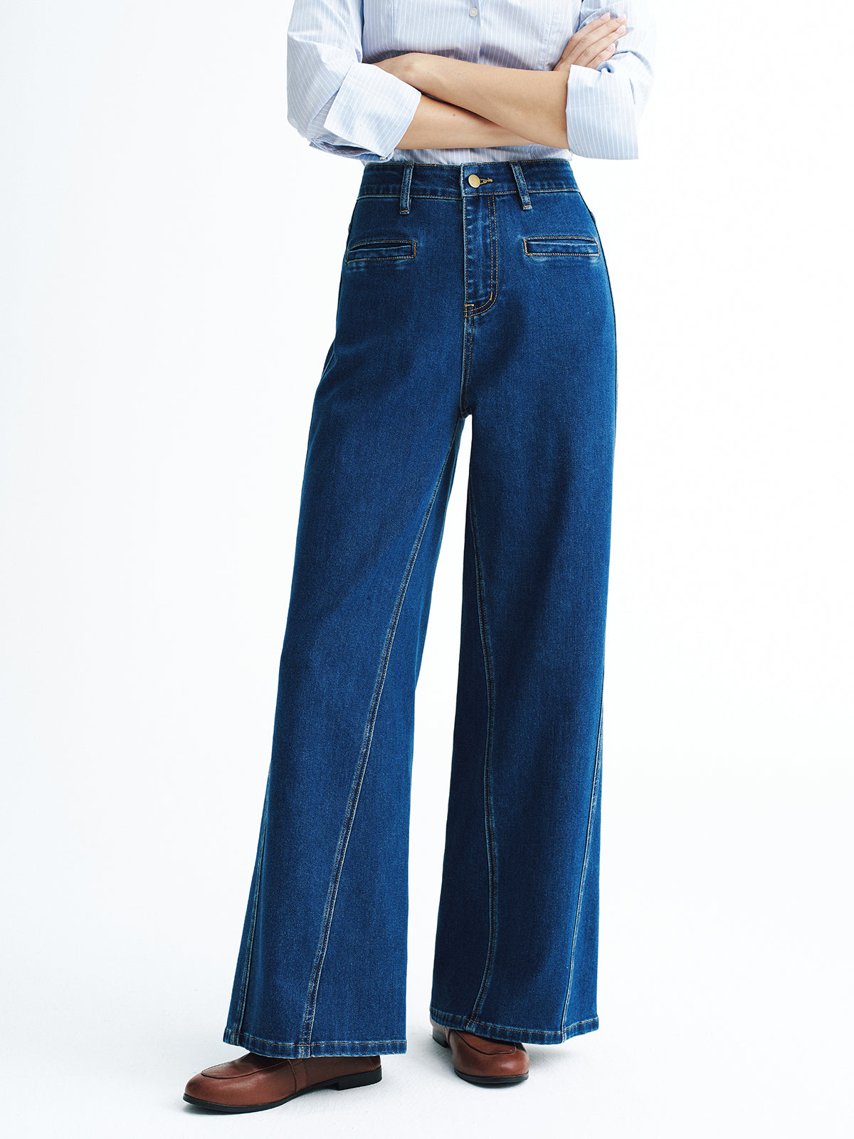 High-Waisted Denim Wide-Leg Jeans-Chicvia