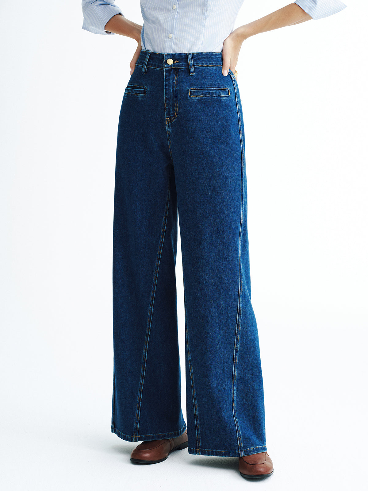 High-Waisted Denim Wide-Leg Jeans-Chicvia