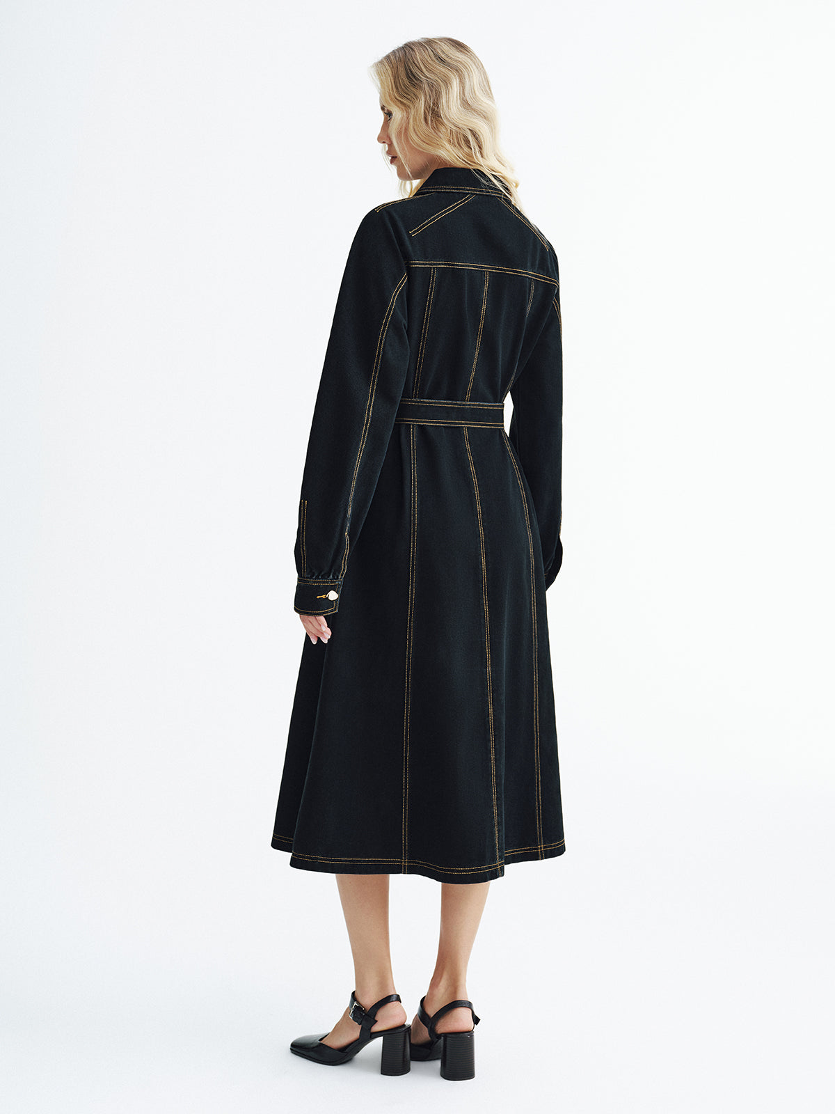 Metal Button Denim Belted Maxi Shirt Dress-Chicvia