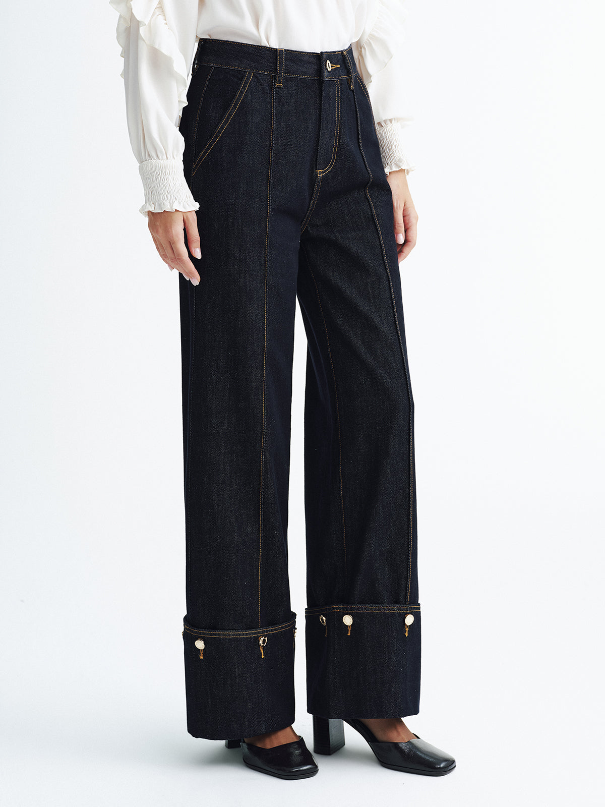 Mid-Waist Denim Cuffed Jeans-Chicvia