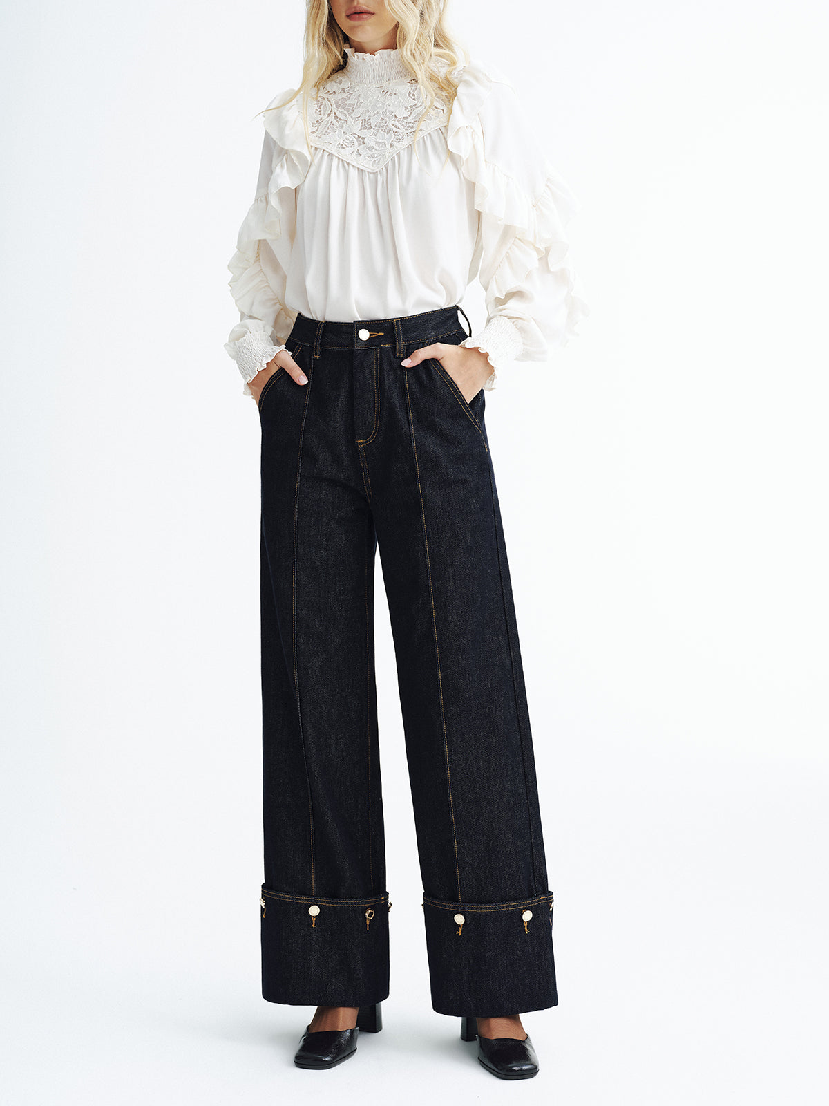 Mid-Waist Denim Cuffed Jeans-Chicvia