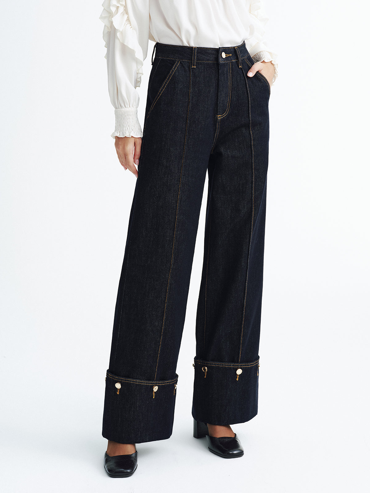 Mid-Waist Denim Cuffed Jeans-Chicvia