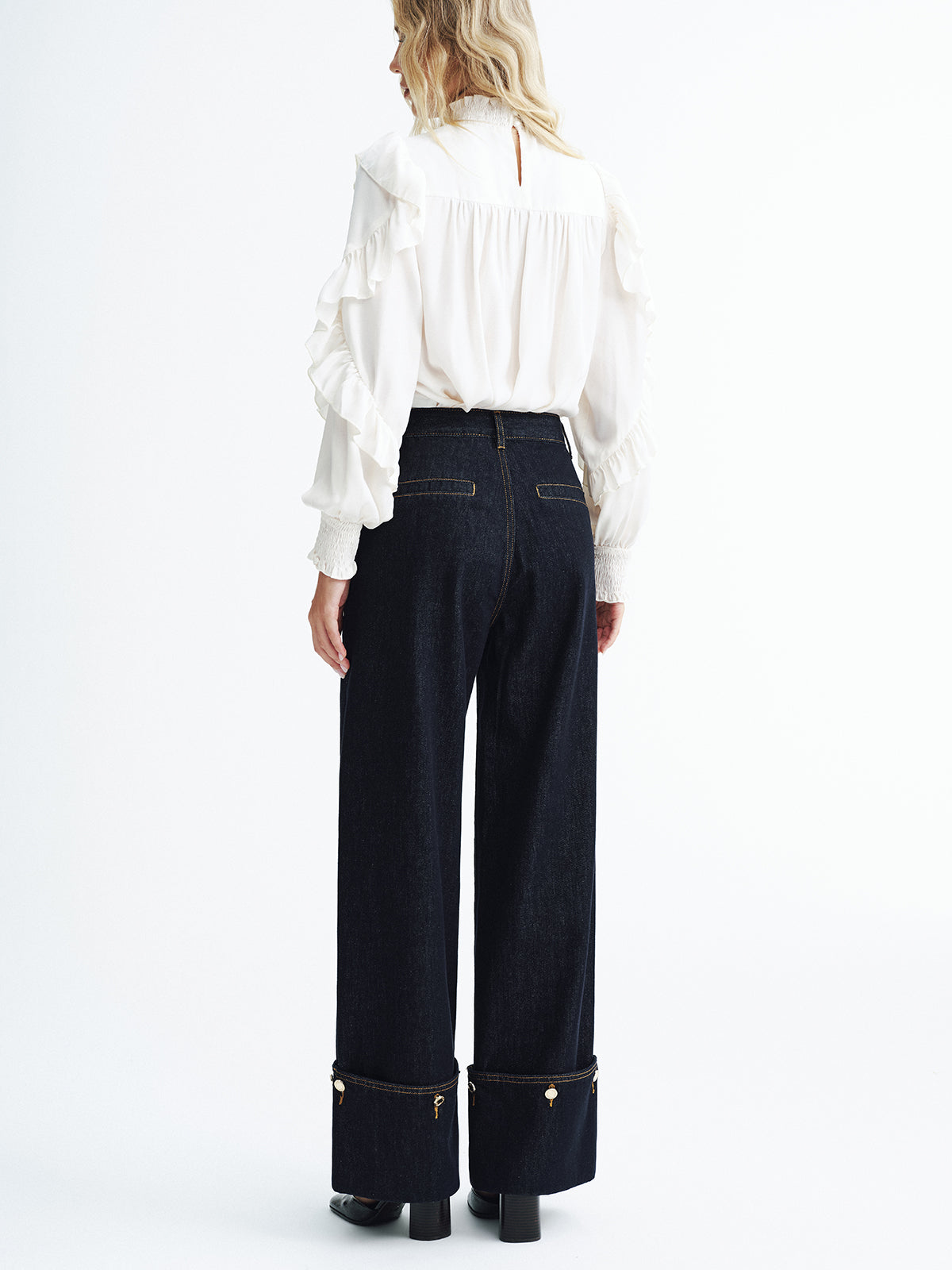 Mid-Waist Denim Cuffed Jeans-Chicvia