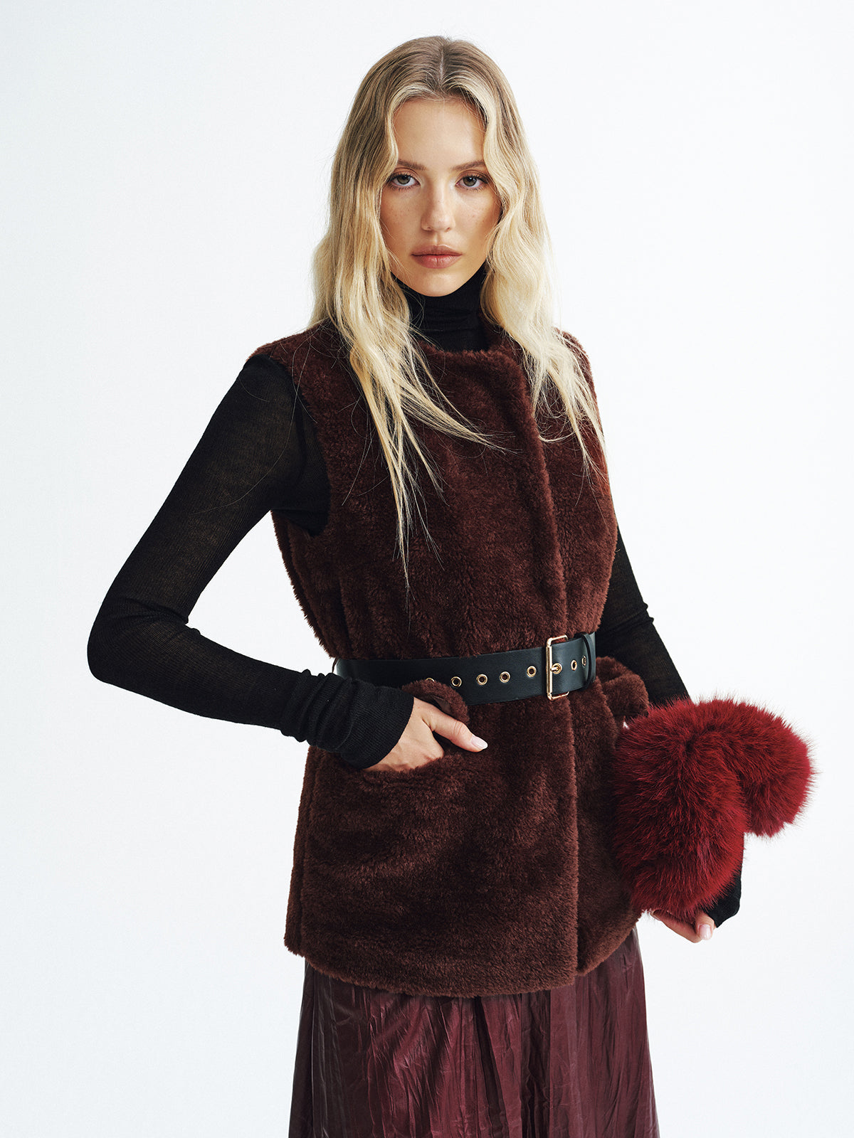Faux Fur Belted Vest-Chicvia