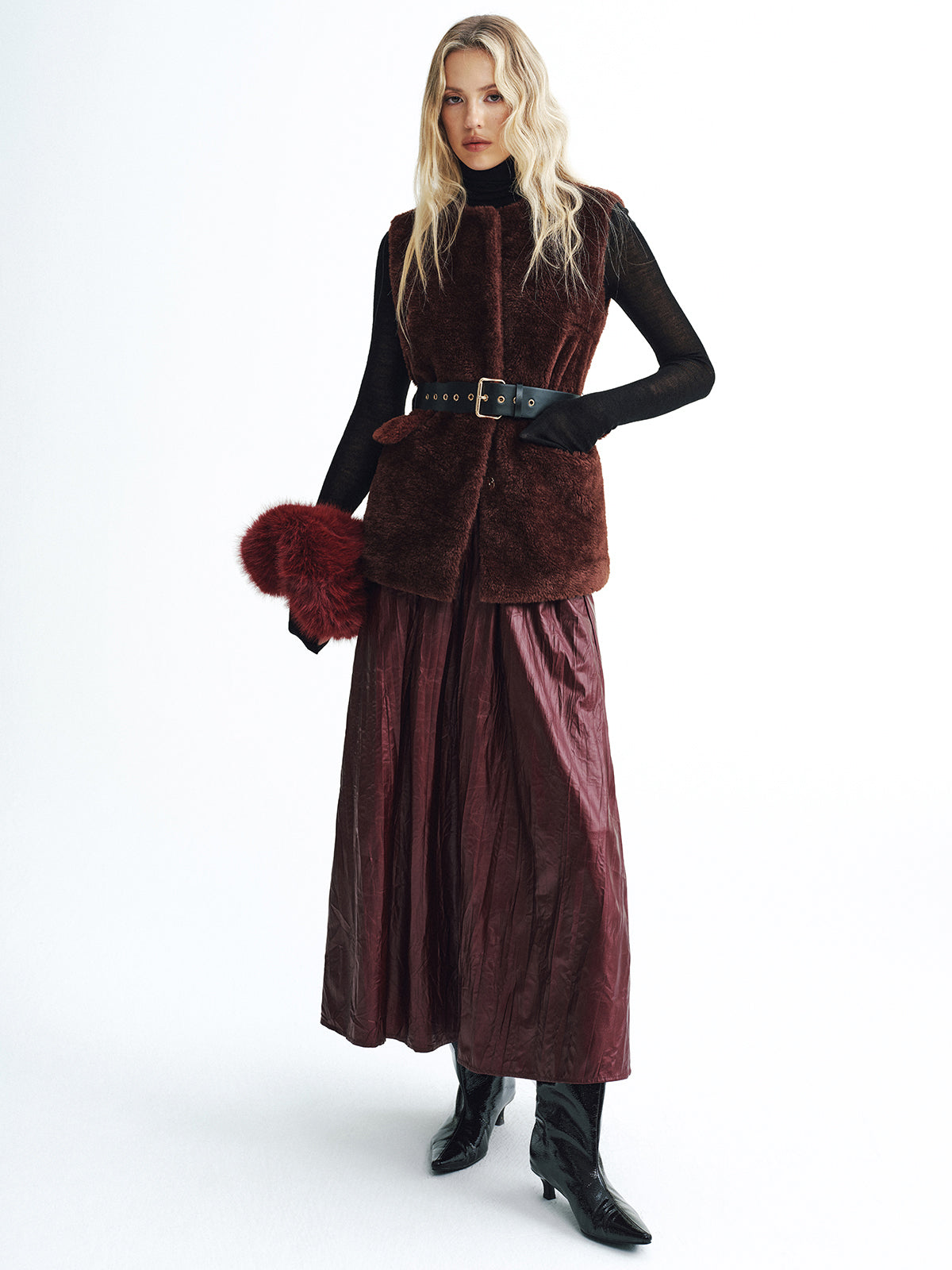 Faux Fur Belted Vest-Chicvia