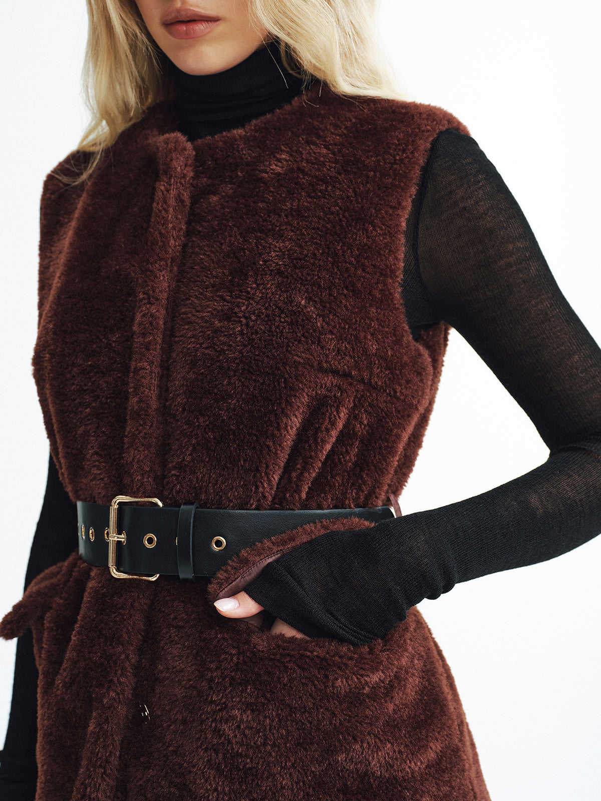 Faux Fur Belted Vest-Chicvia