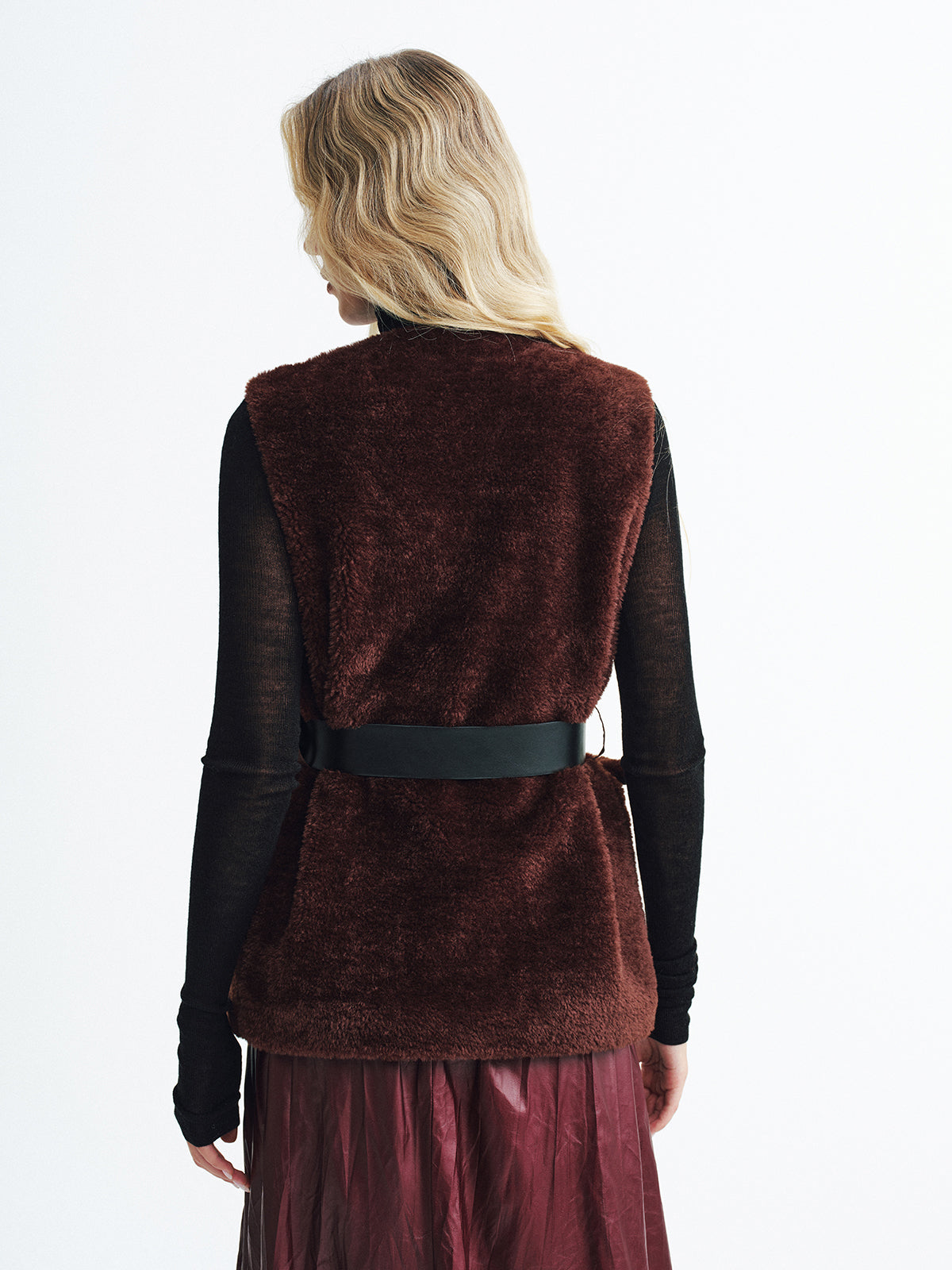 Faux Fur Belted Vest-Chicvia