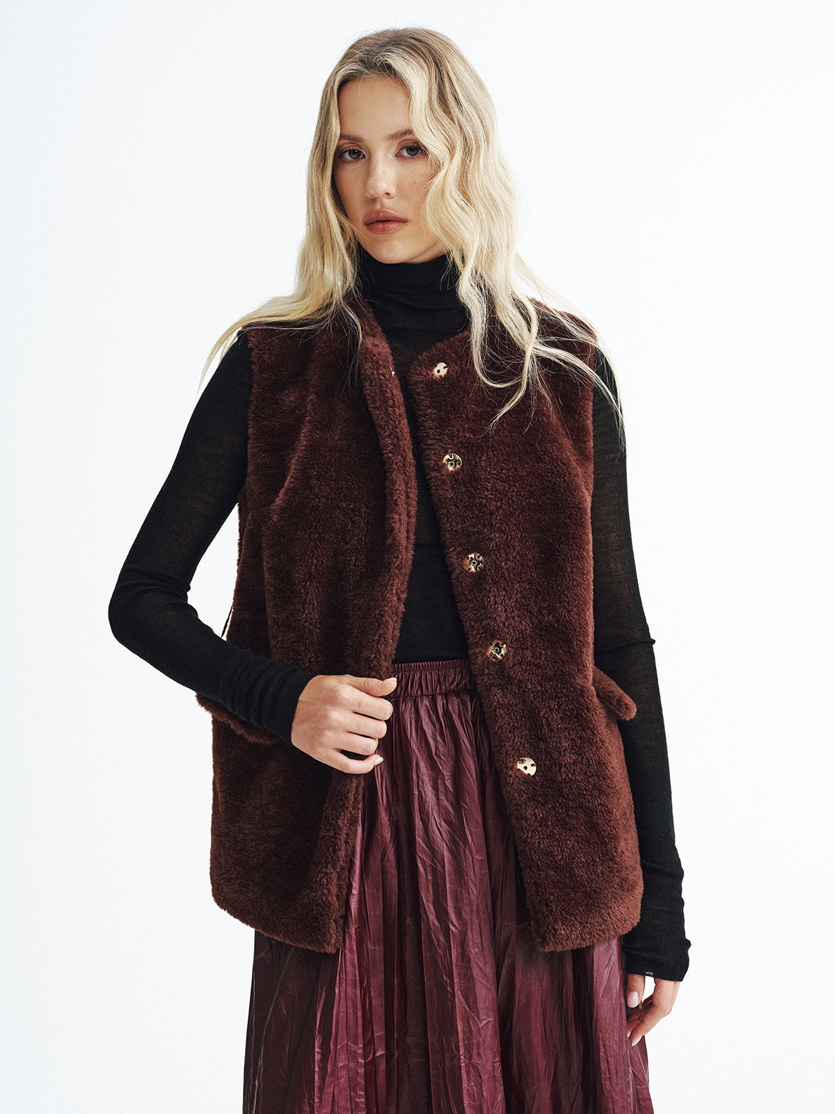 Faux Fur Belted Vest-Chicvia