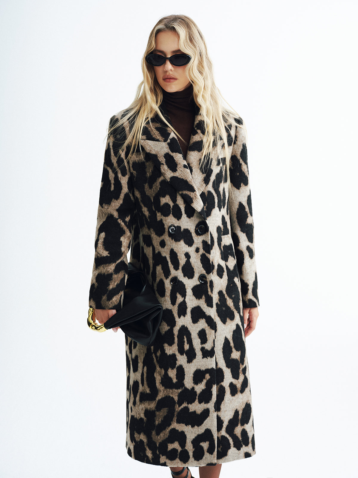 Leopard Print Wool-Blend Double-Breasted Coat-Chicvia