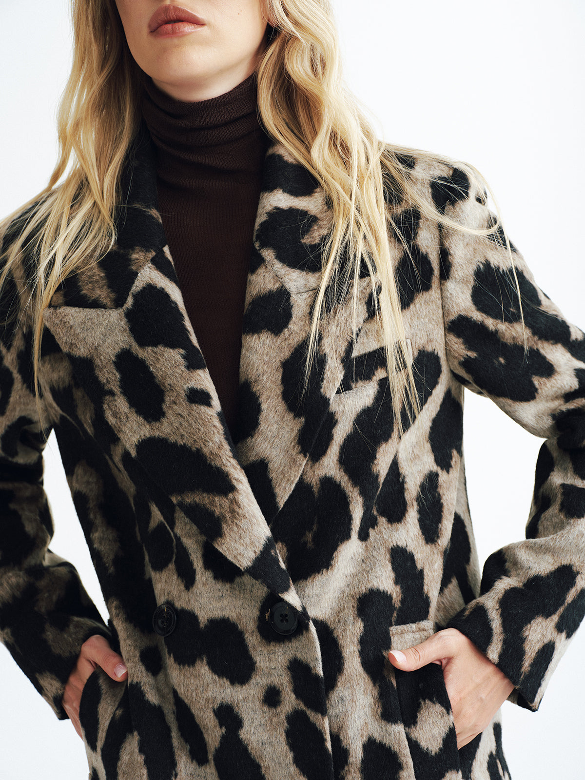 Leopard Print Wool-Blend Double-Breasted Coat-Chicvia
