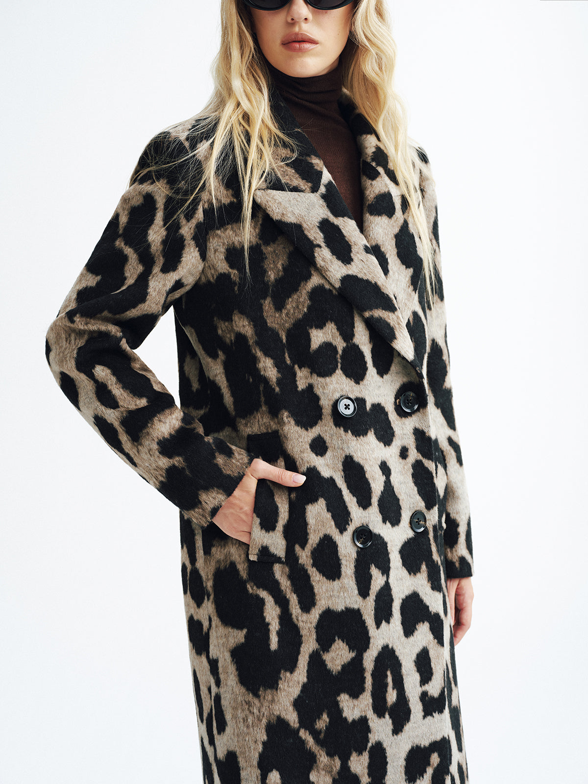 Leopard Print Wool-Blend Double-Breasted Coat-Chicvia