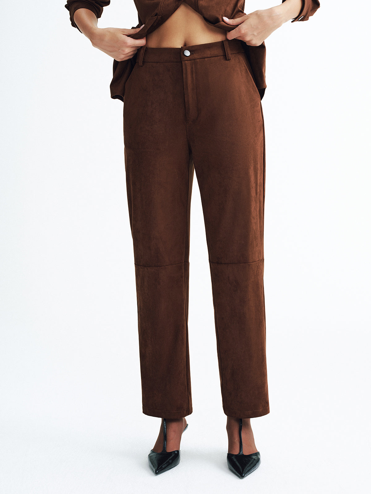 Mid-Waisted Faux Suede Casual Pants-Chicvia