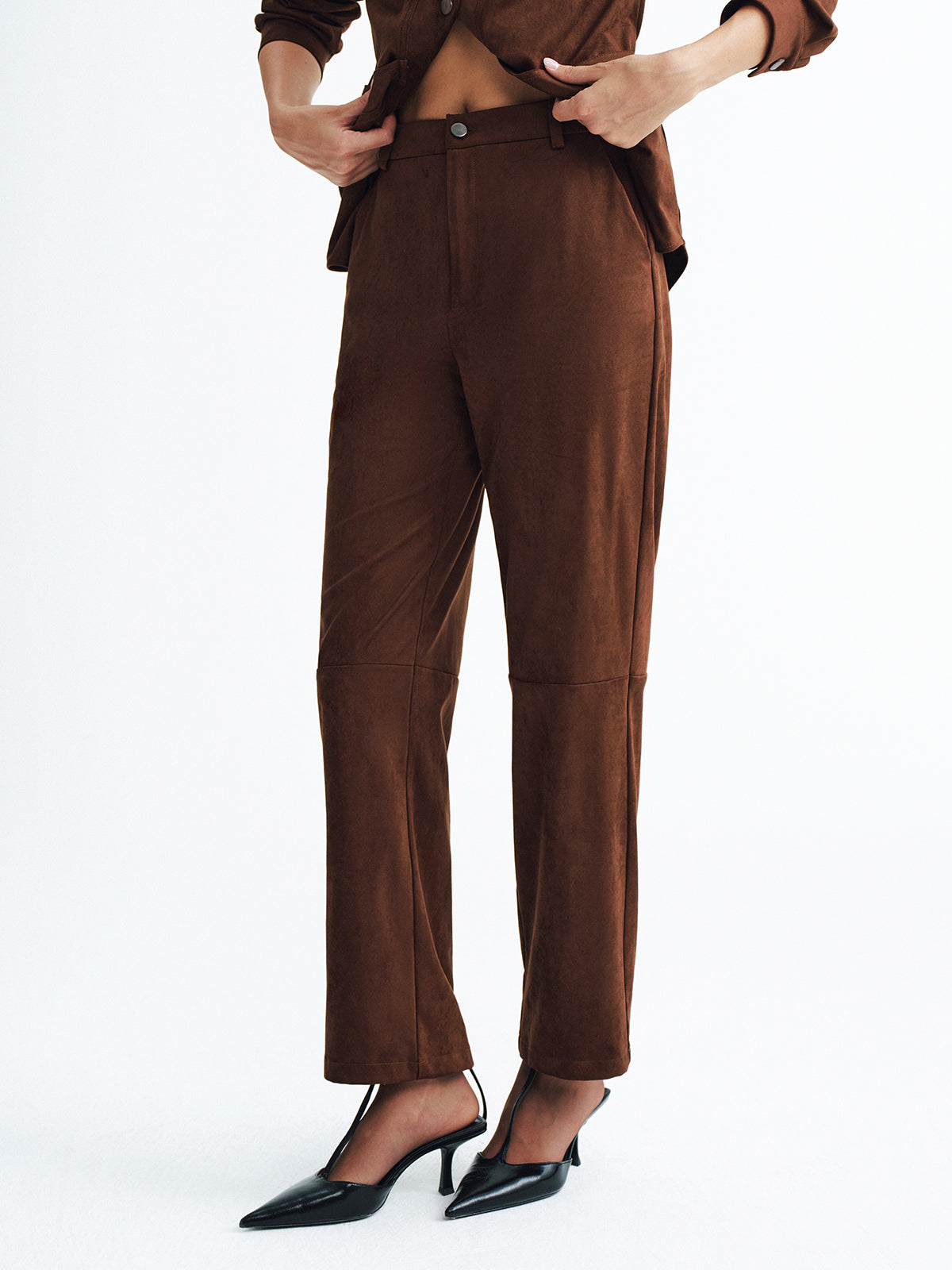 Mid-Waisted Faux Suede Casual Pants-Chicvia