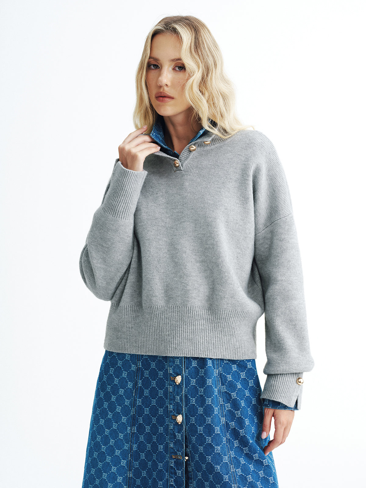 Button Detail Stand Collar Casual Sweater-Chicvia