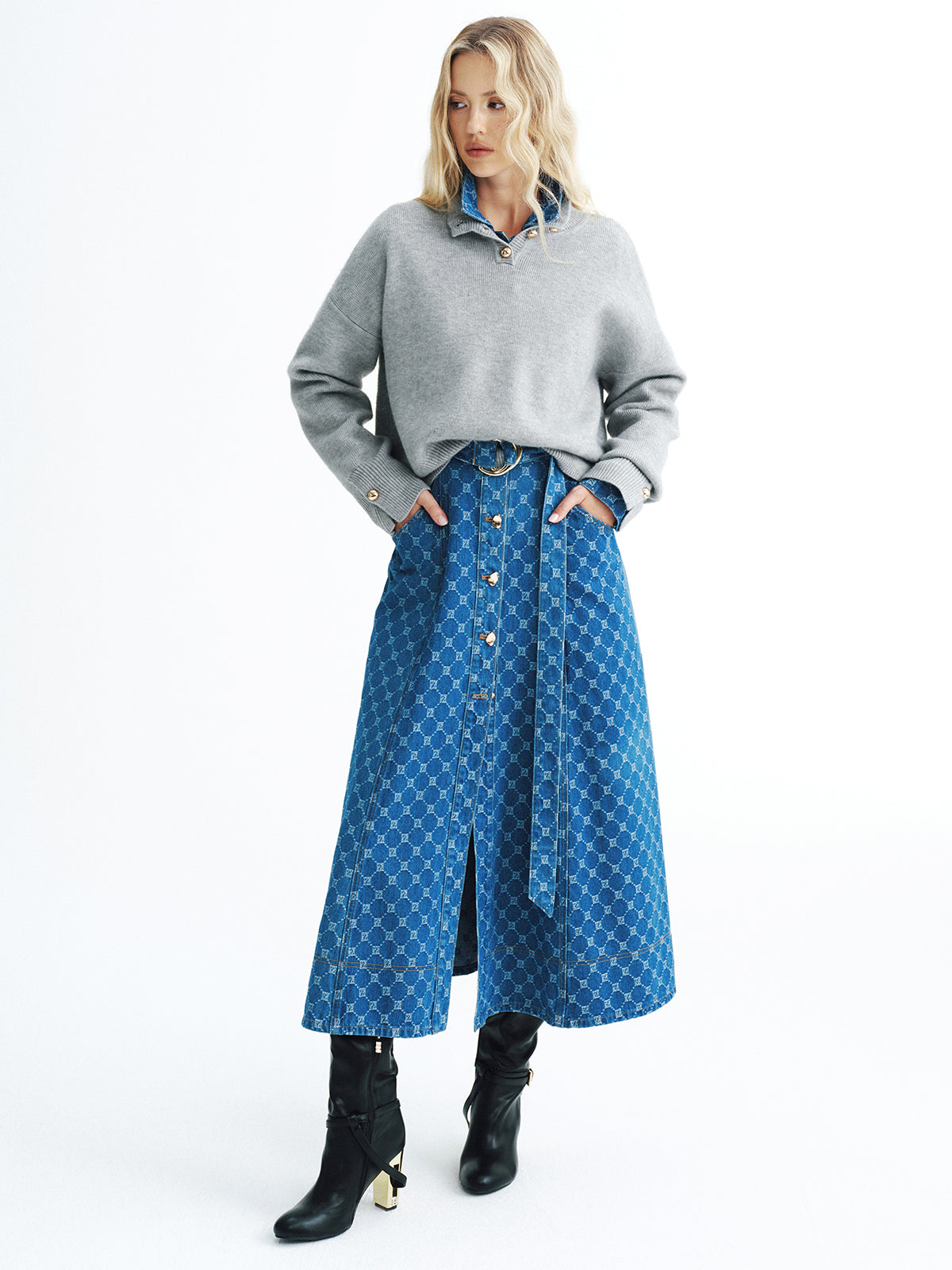 Button Detail Stand Collar Casual Sweater-Chicvia