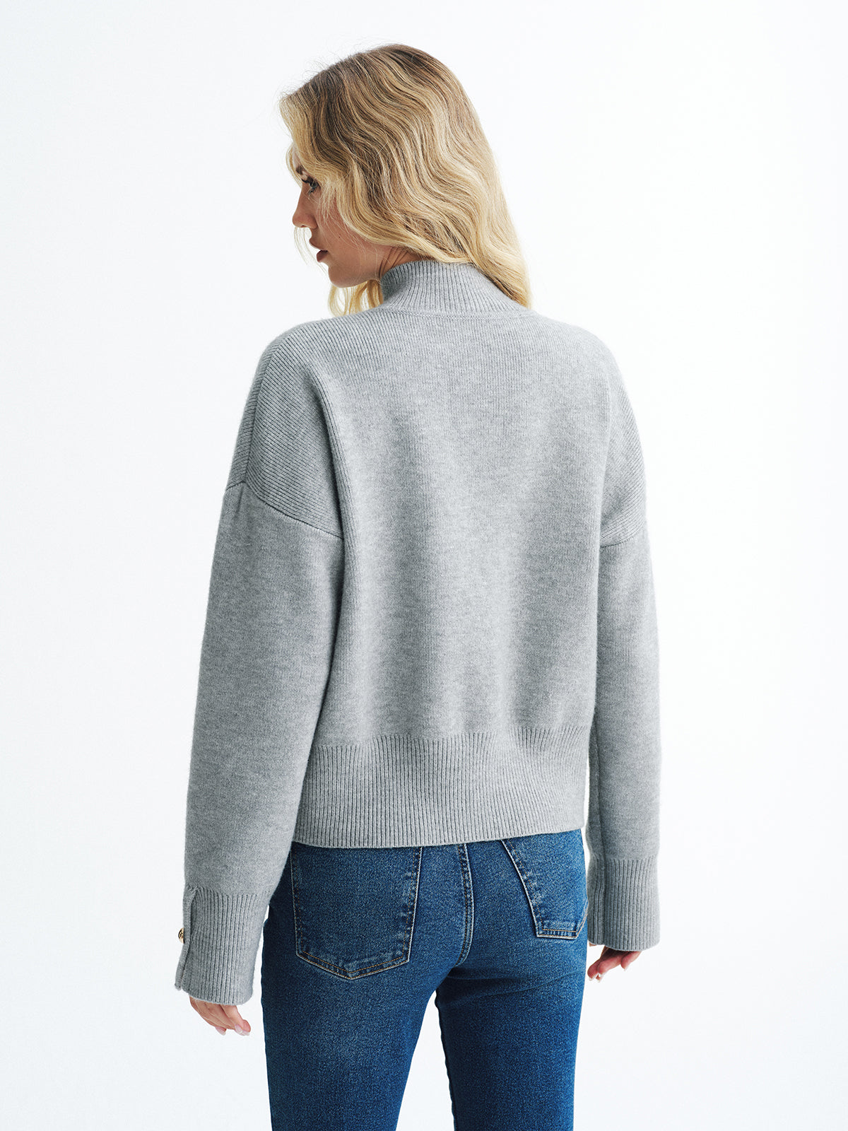 Button Detail Stand Collar Casual Sweater-Chicvia